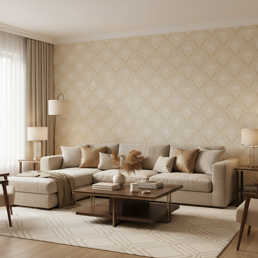 Peacock Plume Damask - Honey - Varm gul tapet med påfågelsfjädermönster