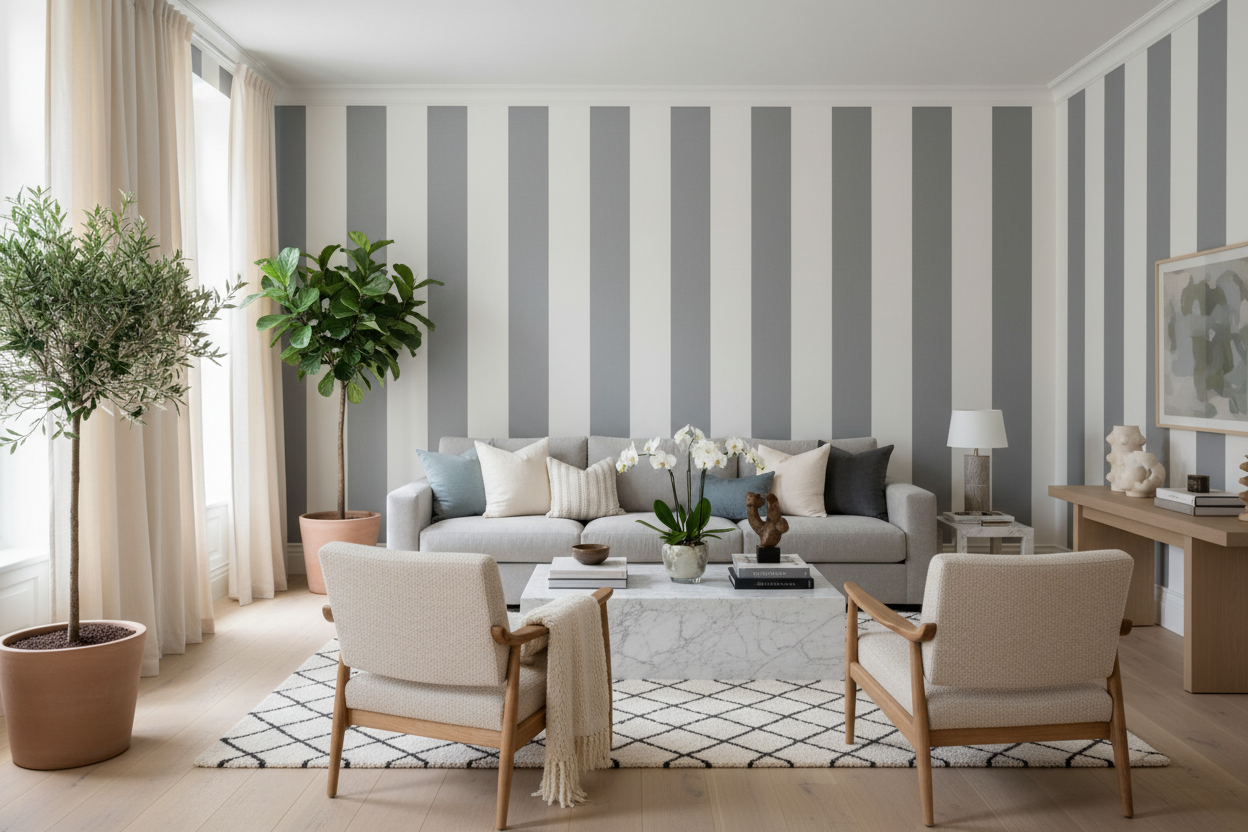 Big Stripes - Vit/Mellangrå – Grafisk randig tapet med skandinavisk elegans