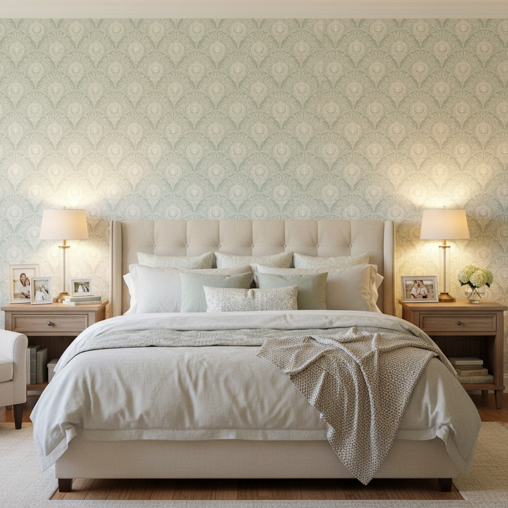 Peacock Plume Damask - Sage Green - Lugn grön tapet med påfågelsfjädermönster