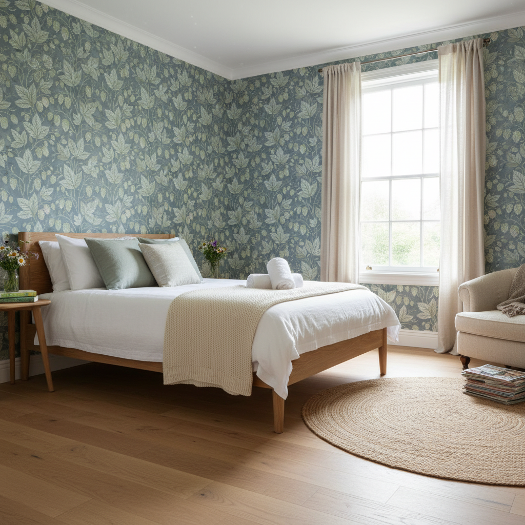 Trailing Hops Blue - Elegant tapet med organiskt humlemönster i blå toner