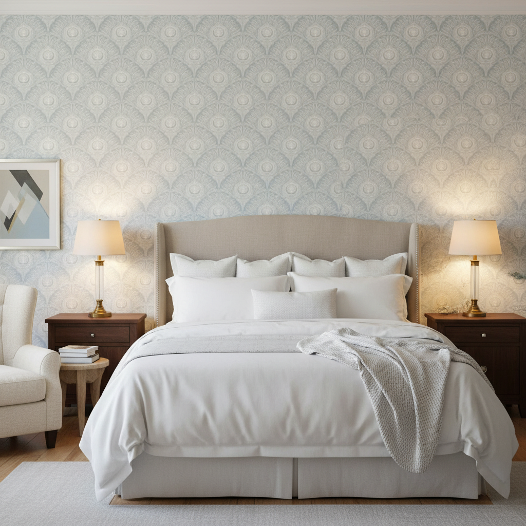 Peacock Plume Damask-Indigo Light - Elegant blå tapet med påfågelsfjädermönster