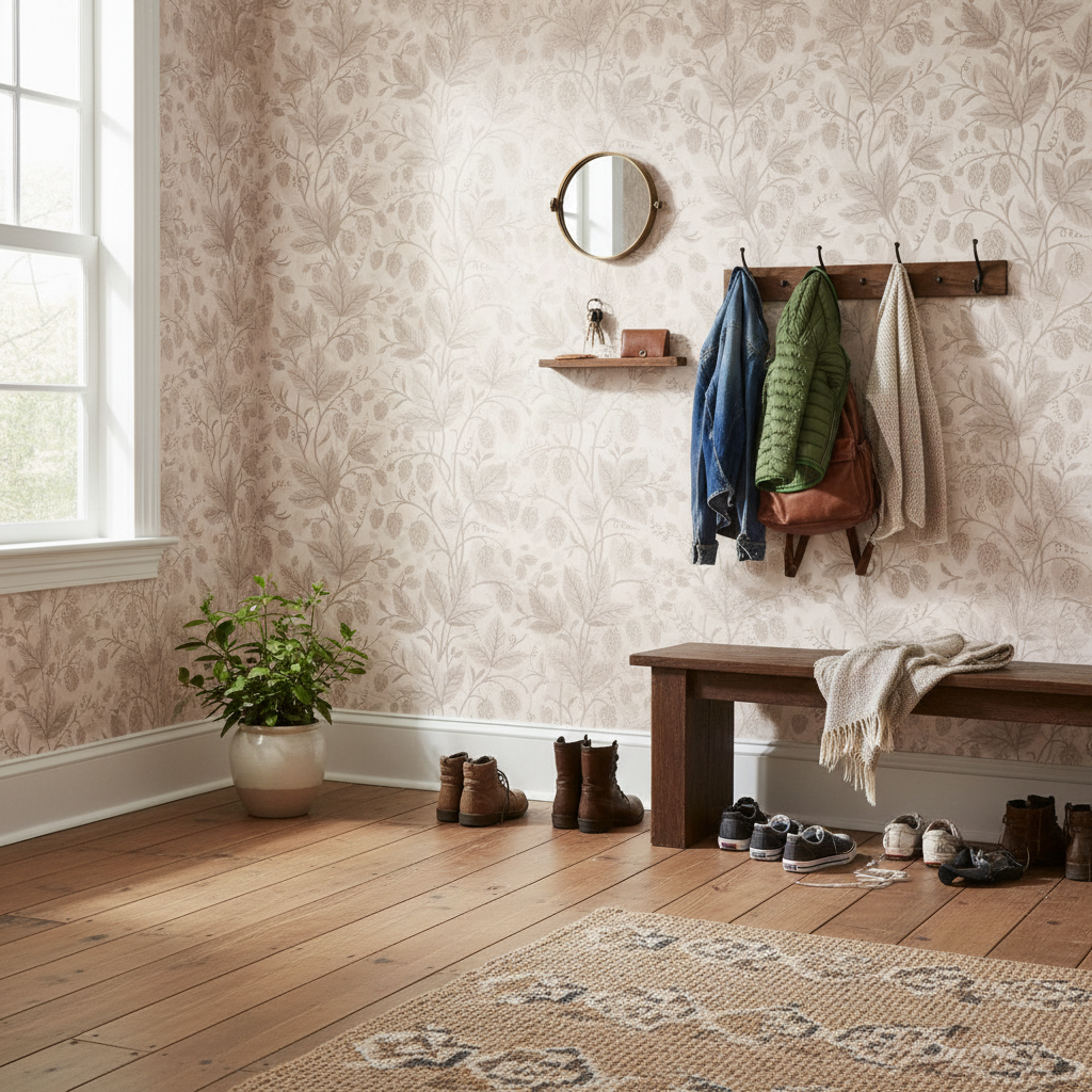 Trailing Hops Light Blush - Elegant tapet med organiskt humlemönster i ljusa rosa toner