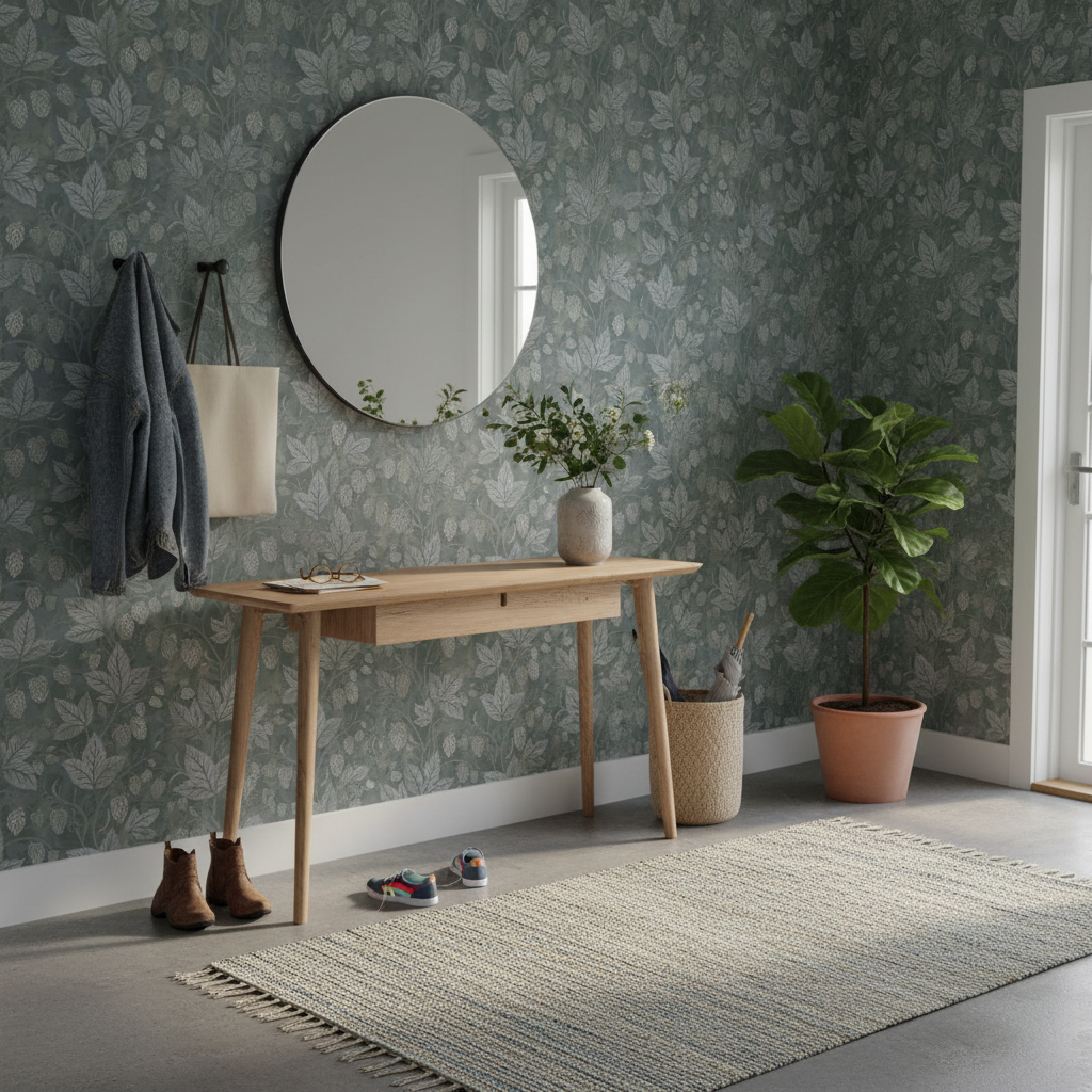 Trailing Hops Silver Blue - Elegant tapet med organiskt humlemönster i silverblå toner