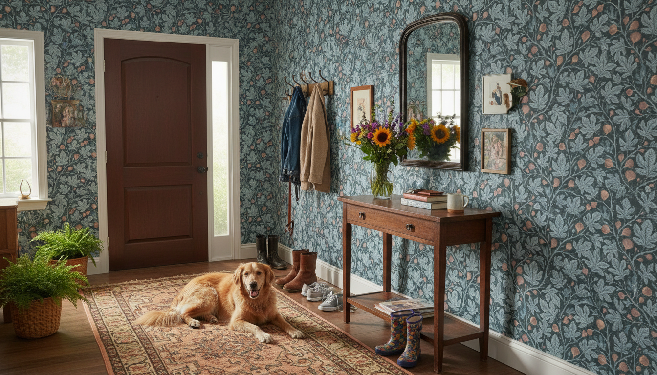 Fig Tree - Teal - Elegant tapet med fikonträd i blågrå toner