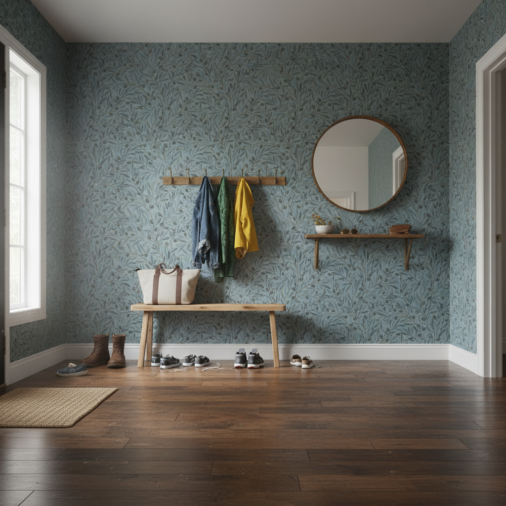 Reval Wallpaper Olivia Half Drop Dove - Elegant tapet med olivkvistar i mjuka blå toner – högkvalitativ tapet för en perso...