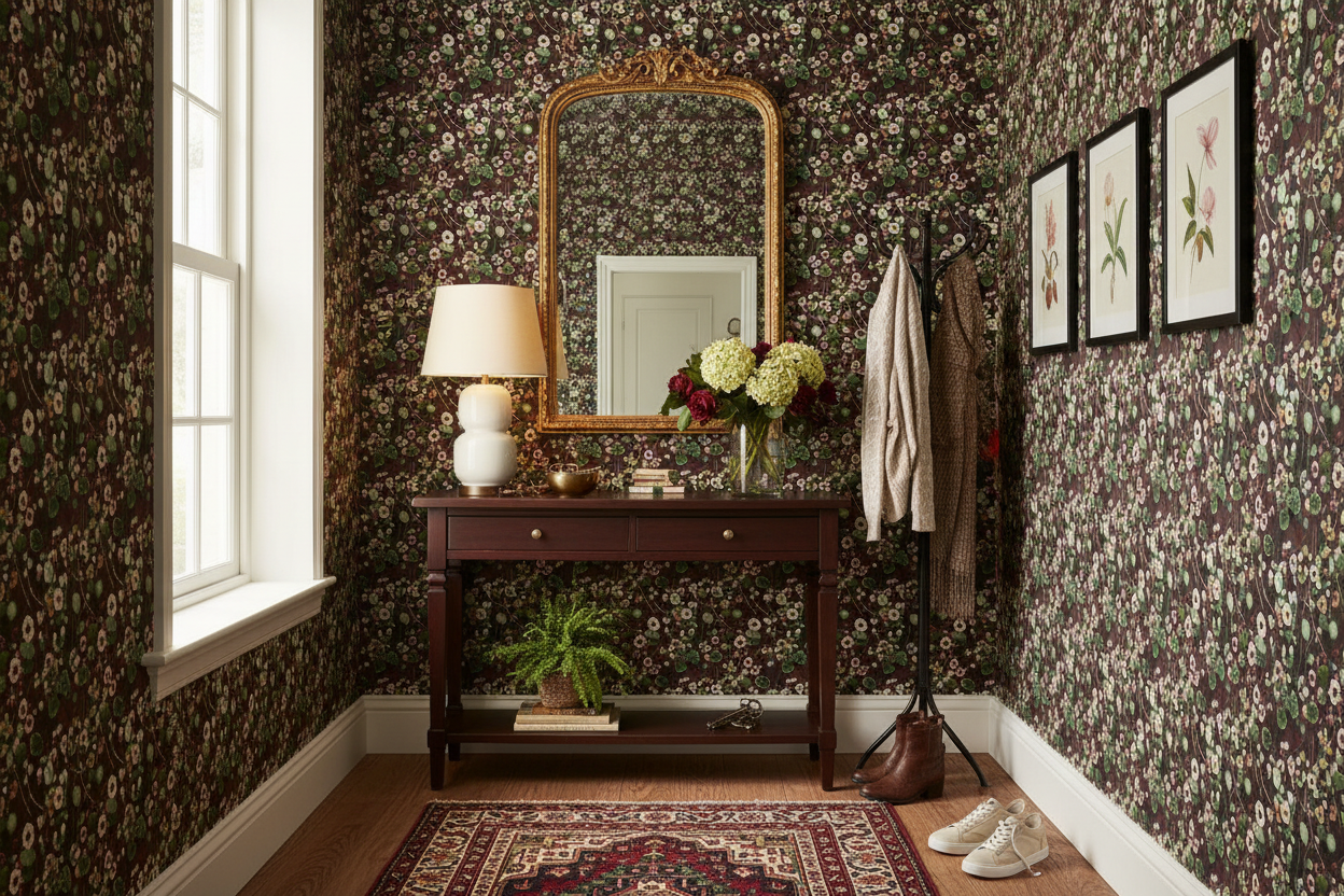 Reval Wallpaper Krasse - Vine - Handmålad tapet med levande blommor i röda toner – högkvalitativ tapet för en personlig oc...