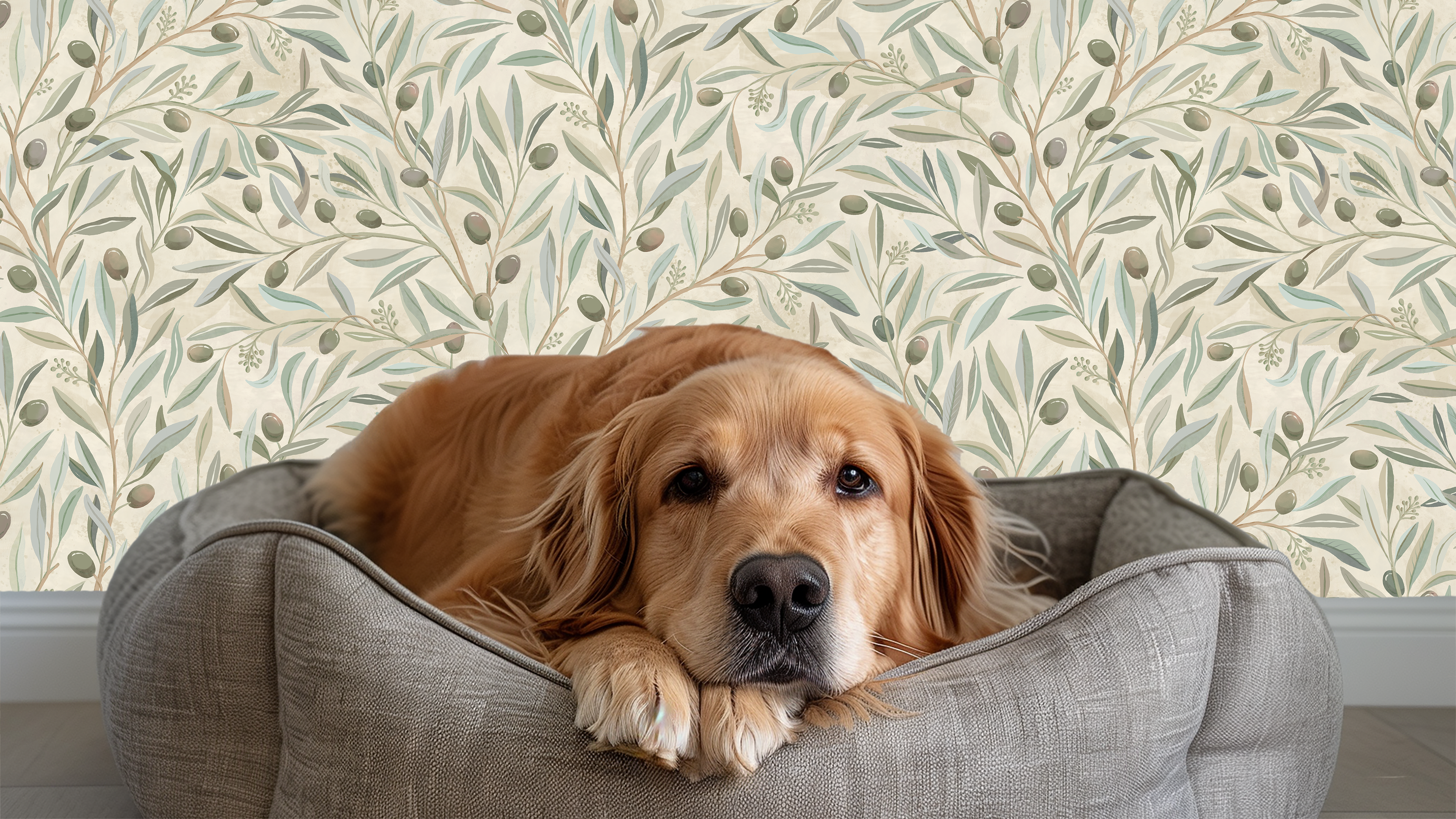 Reval Wallpaper Olivia Half Drop - Olivia - Klassisk tapet med olivkvistar i naturliga toner – högkvalitativ tapet för en ...