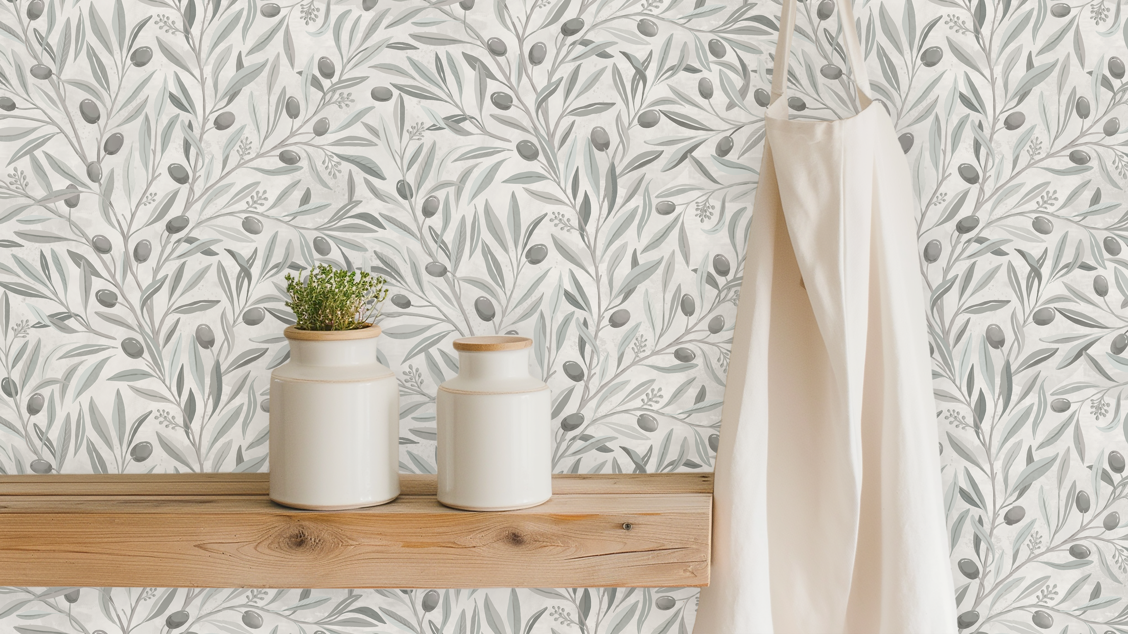 Olivia Half Drop Gray - Elegant tapet med olivkvistar i grå toner