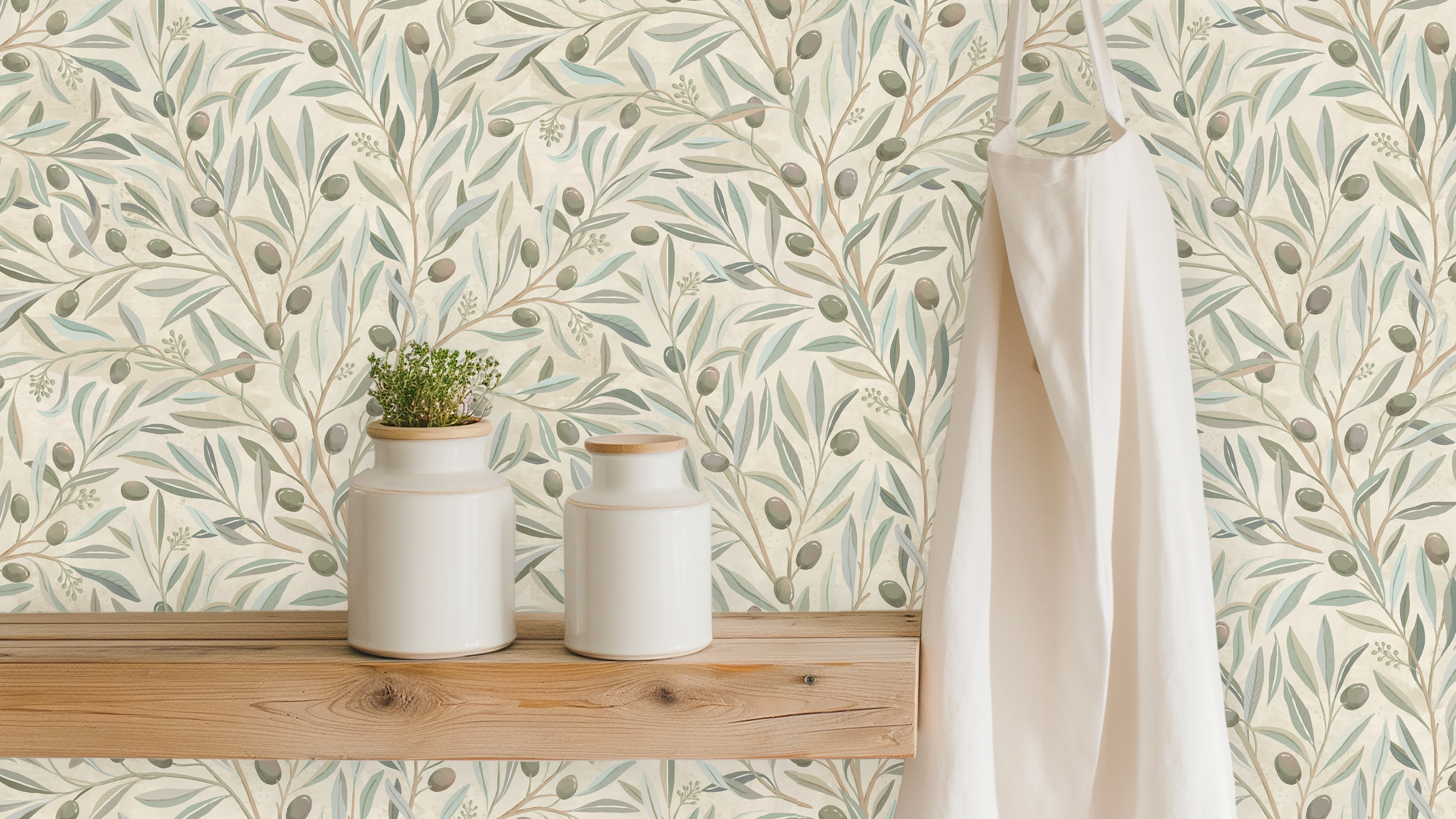 Reval Wallpaper Olivia Half Drop - Olivia - Klassisk tapet med olivkvistar i naturliga toner – högkvalitativ tapet för en ...