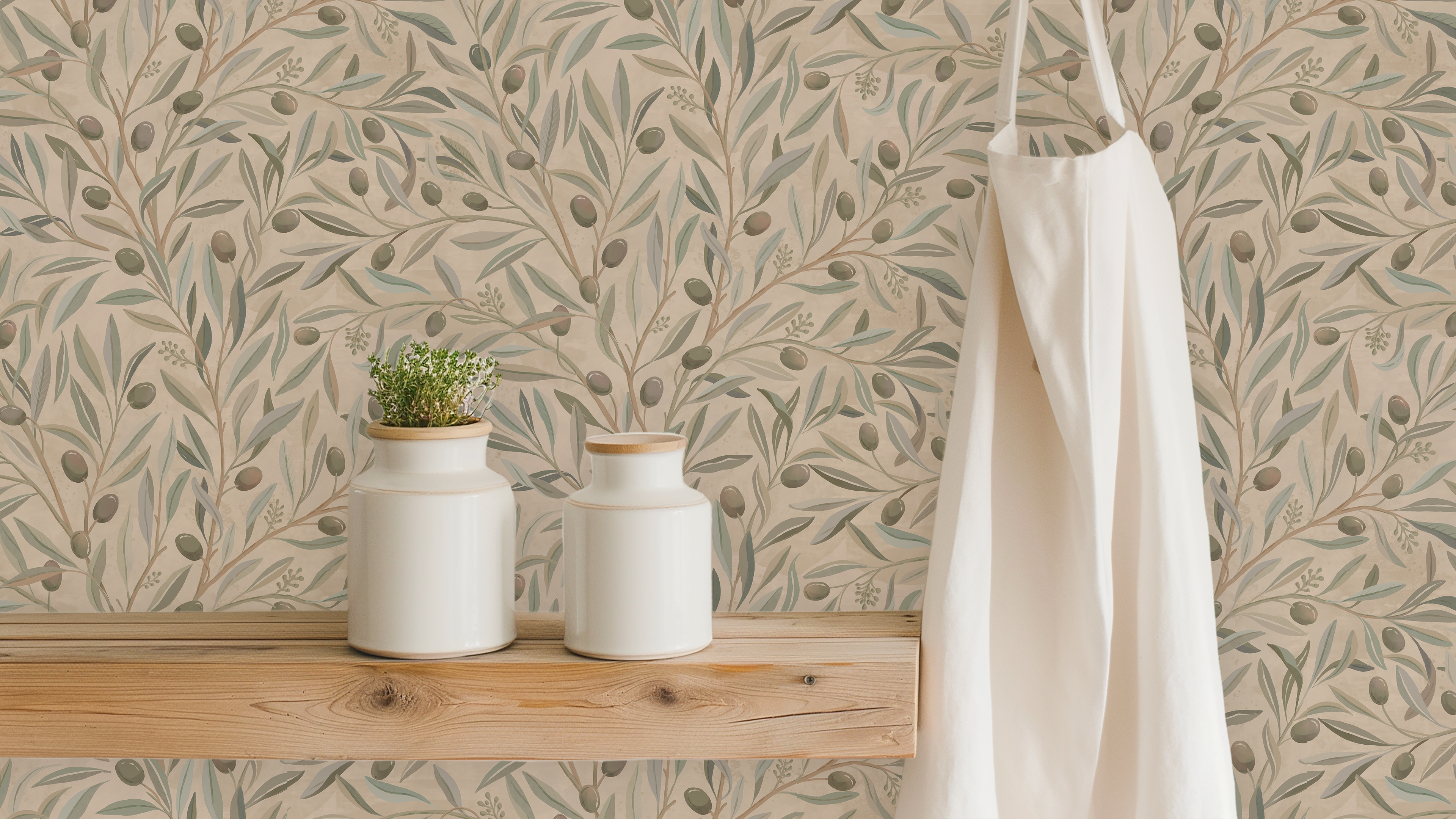 Olivia Half Drop - Terracotta - Elegant tapet med olivkvistar i medelhavsstil