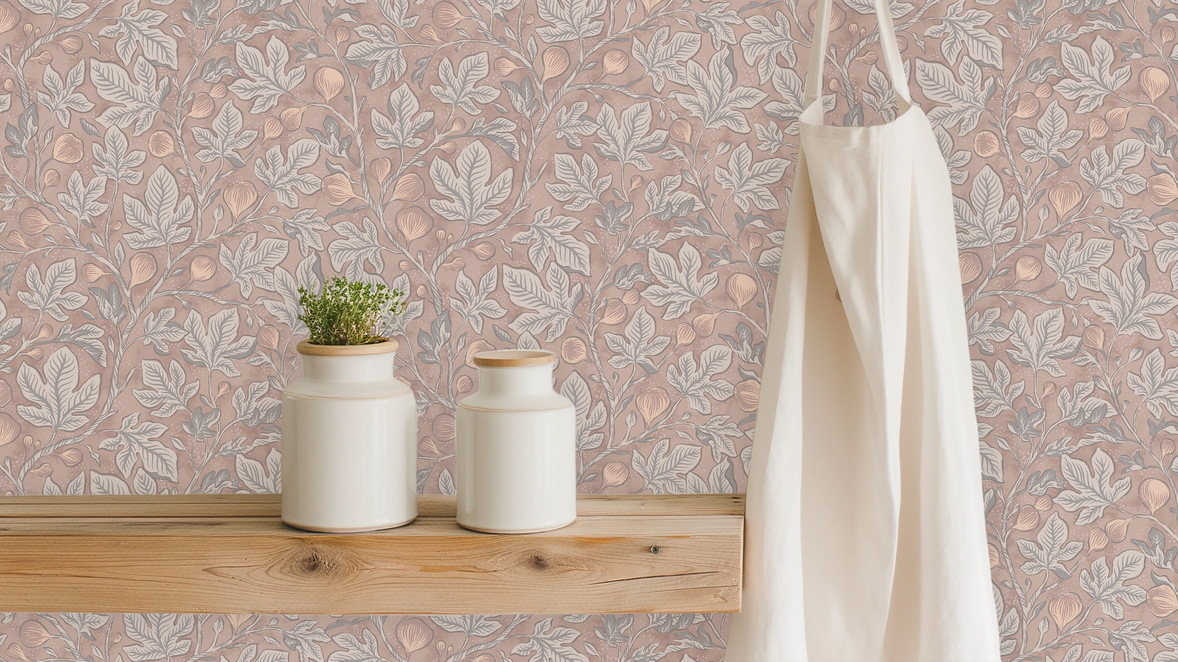 Fig Tree - Brown - Elegant botanisk tapet med handmålade fikonblad