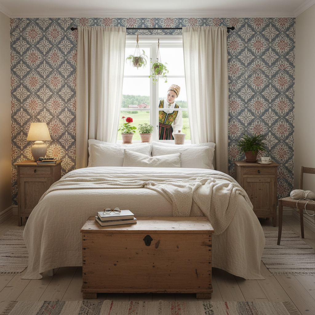 Marielund - Blå-rosa - Klassisk medaljongmönstrad tapet med tidlös elegans