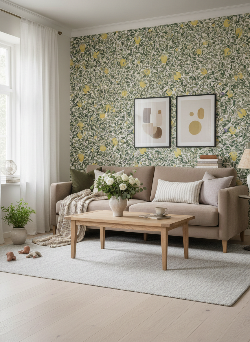 Lemongarden - Vit - Citronmönstrad tapet för medelhavskänsla