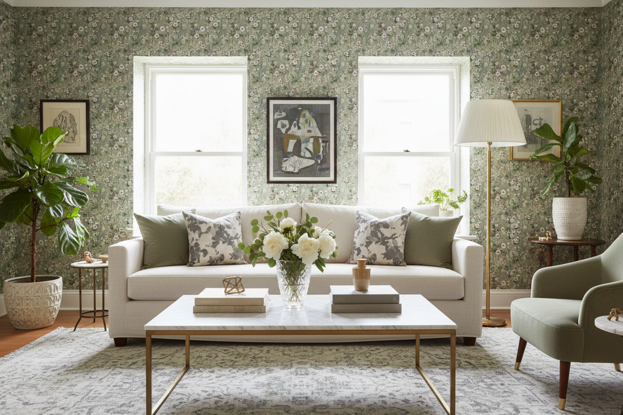 Reval Wallpaper Krasse - Greyish - Handmålad tapet med blommor i grå toner – högkvalitativ tapet för en personlig och harm...