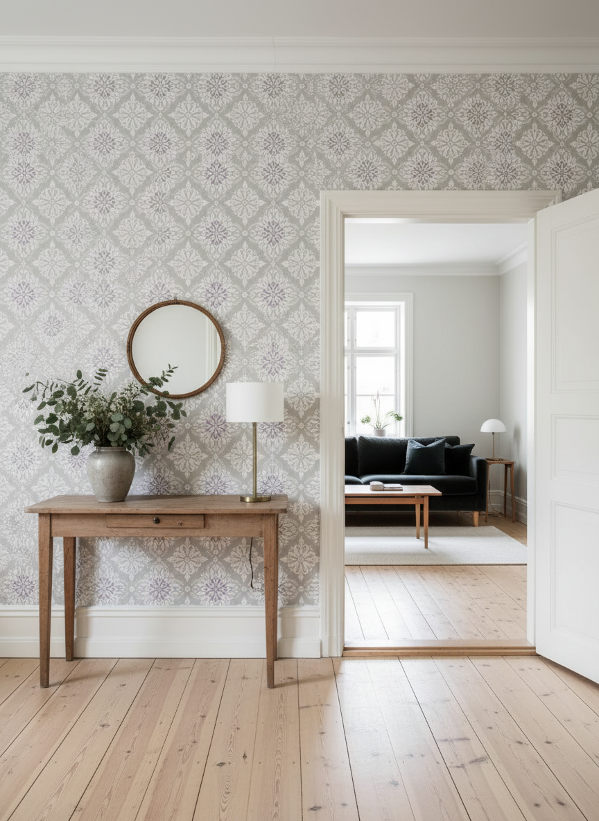 Marielund - Green-purple – classic trellis pattern wallpaper