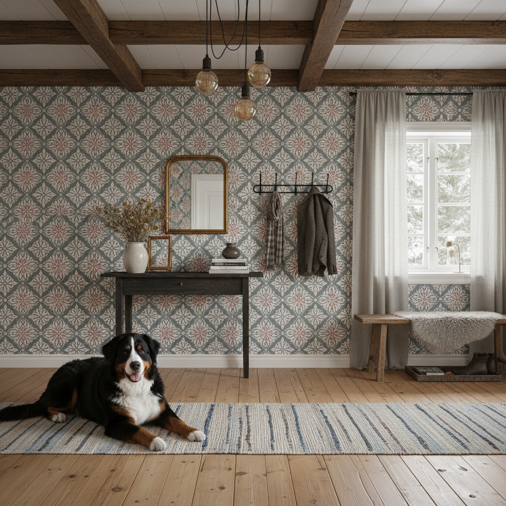 Marielund tapet i hall med berner sennenhund – varmt och välkomnande.