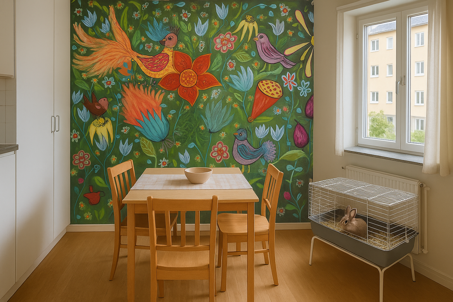 Ellinors Magical Garden - Färgstarkt fototapet med fåglar och blommor i magisk trädgård