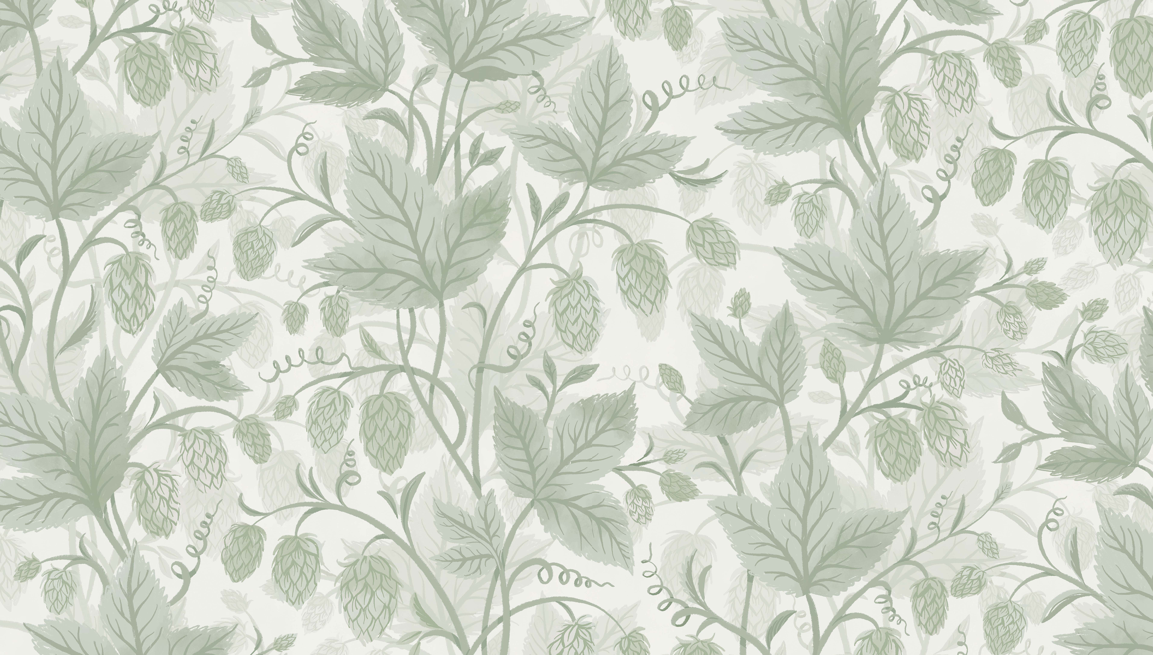 Trailing Hops Light Green - Elegant tapet med organiskt humlemönster i ljusgröna toner