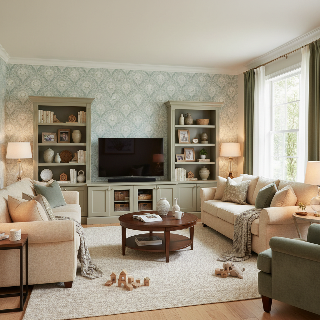 Peacock Plume Damask - Sage Green - Lugn grön tapet med påfågelsfjädermönster