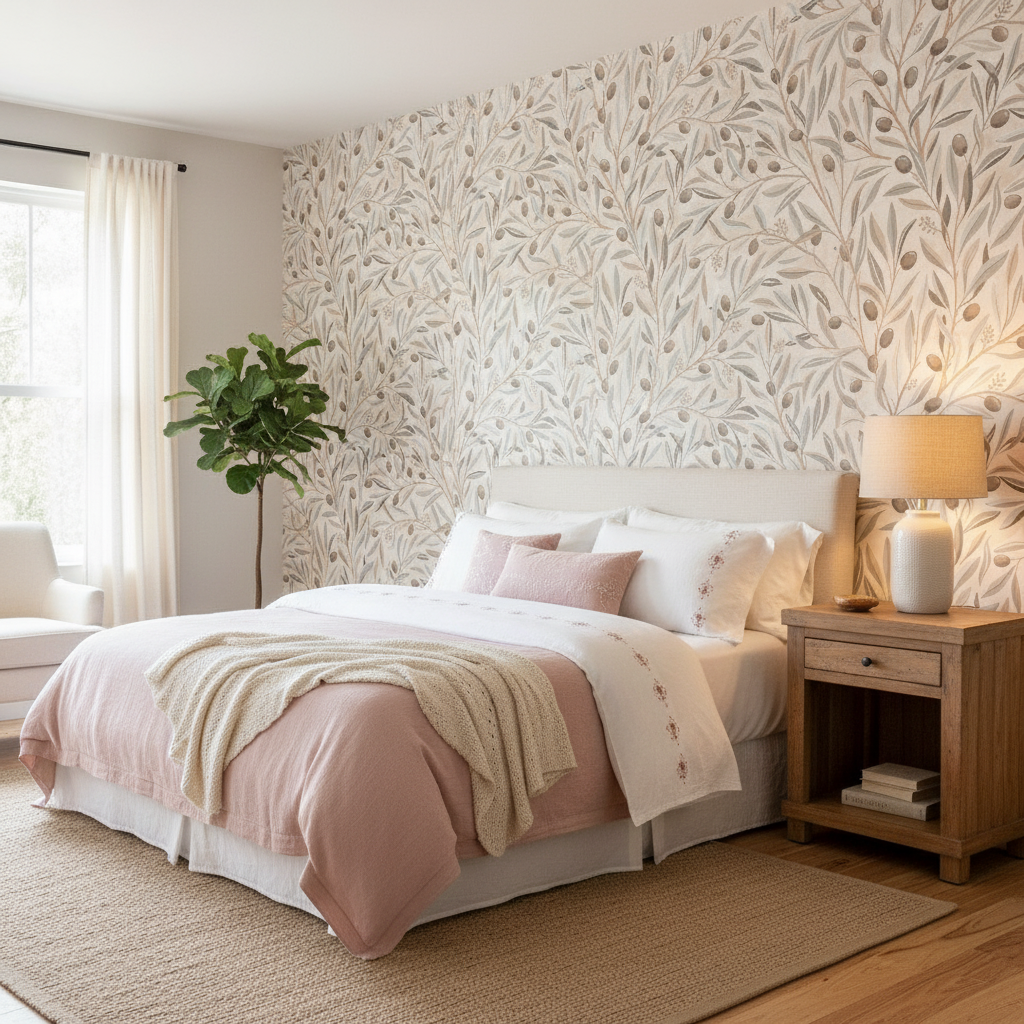 Olivia Half Drop - Blush - Romantisk tapet med olivkvistar i mjuka rosa toner