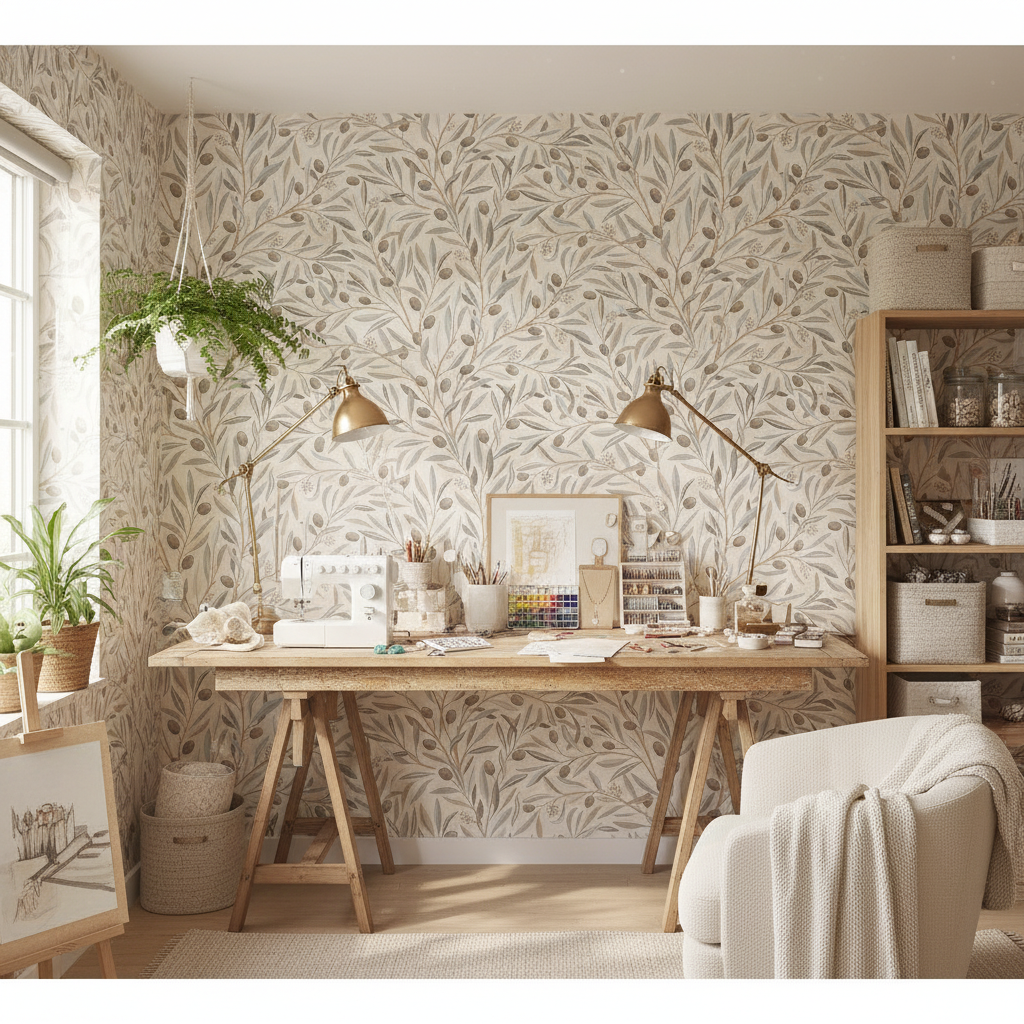 Reval Wallpaper Olivia Half Drop - Blush - Romantisk tapet med olivkvistar i mjuka rosa toner – högkvalitativ tapet för en...