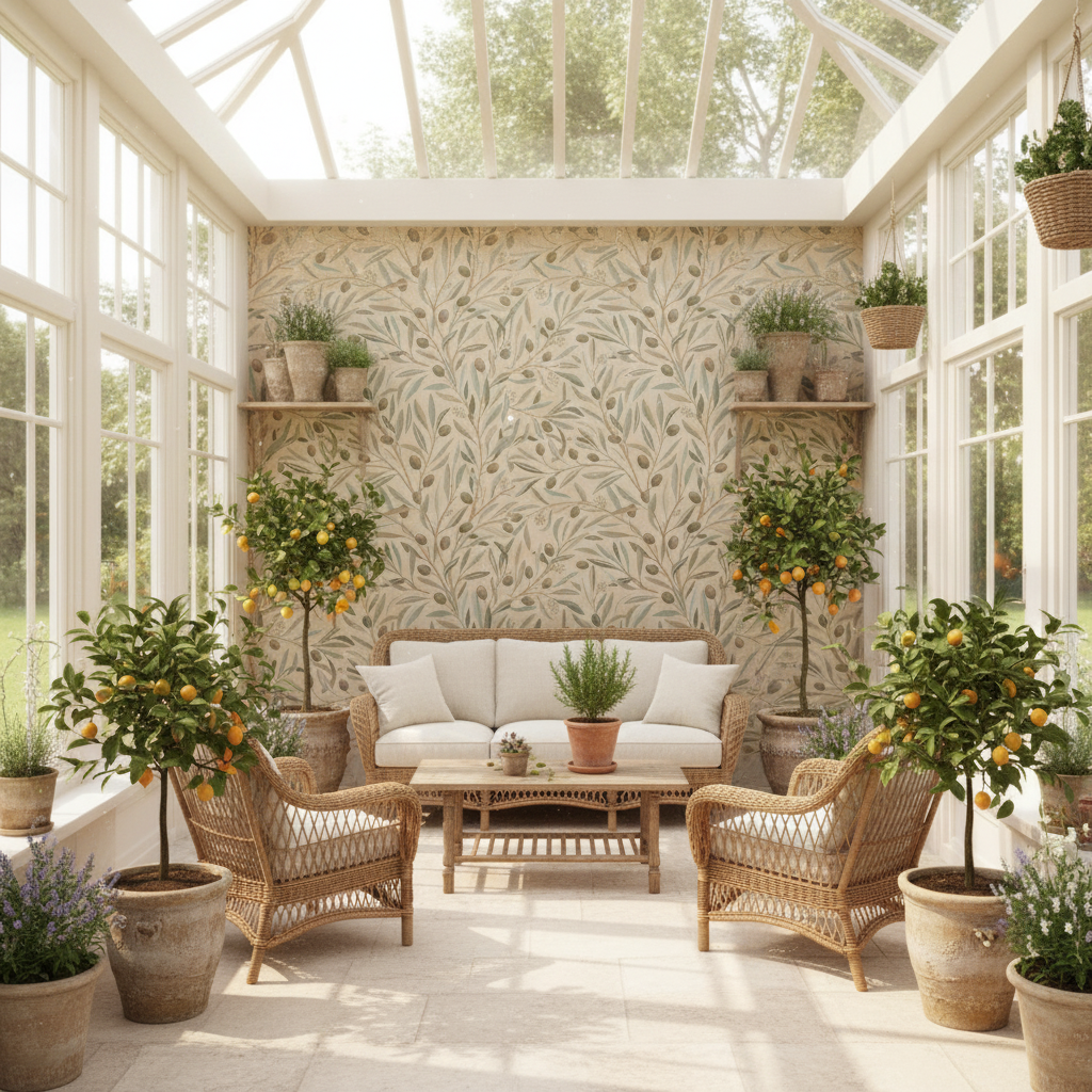 Olivia Half Drop - Terracotta - Elegant tapet med olivkvistar i medelhavsstil