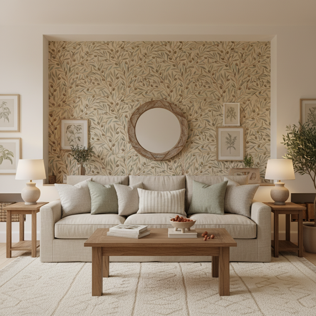 Reval Wallpaper Olivia Half Drop - Terracotta - Elegant tapet med olivkvistar i medelhavsstil – högkvalitativ tapet för en...