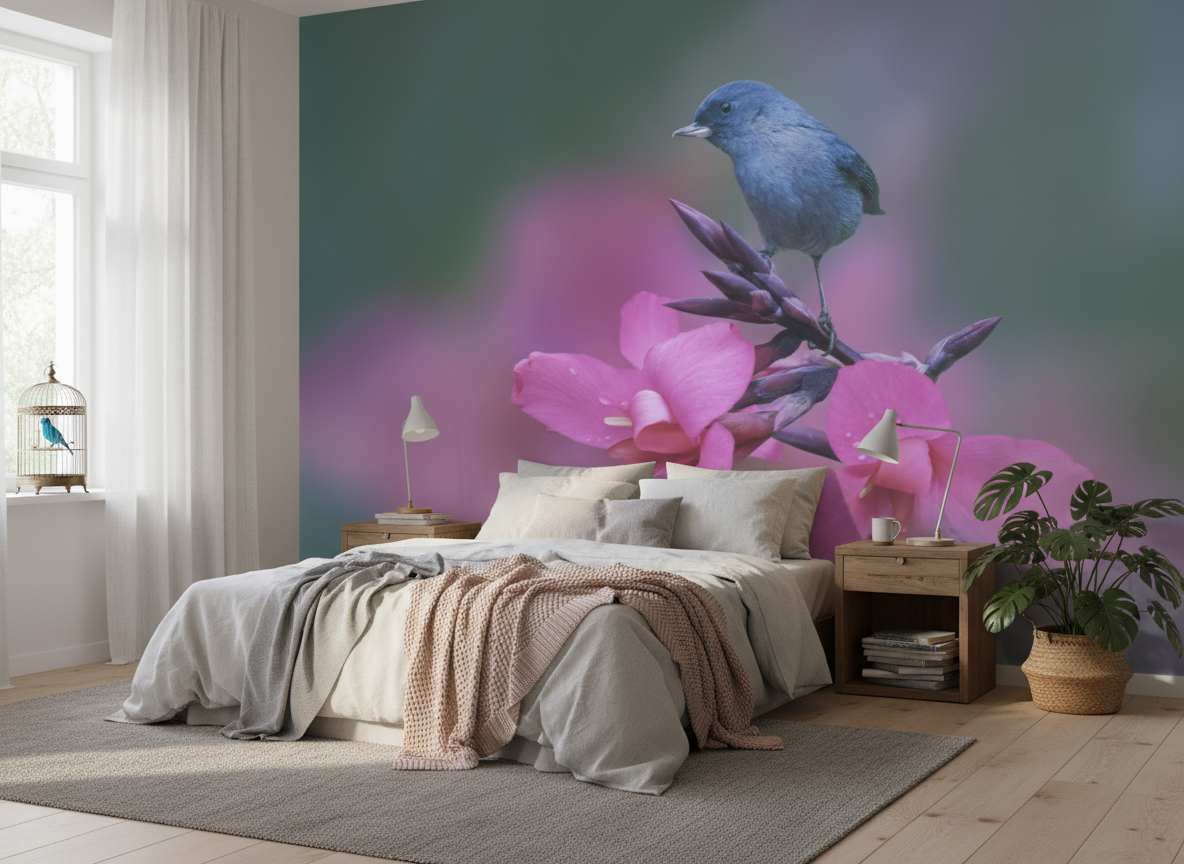 On the top of happiness - Fototapet med fågel bland rosa blommor