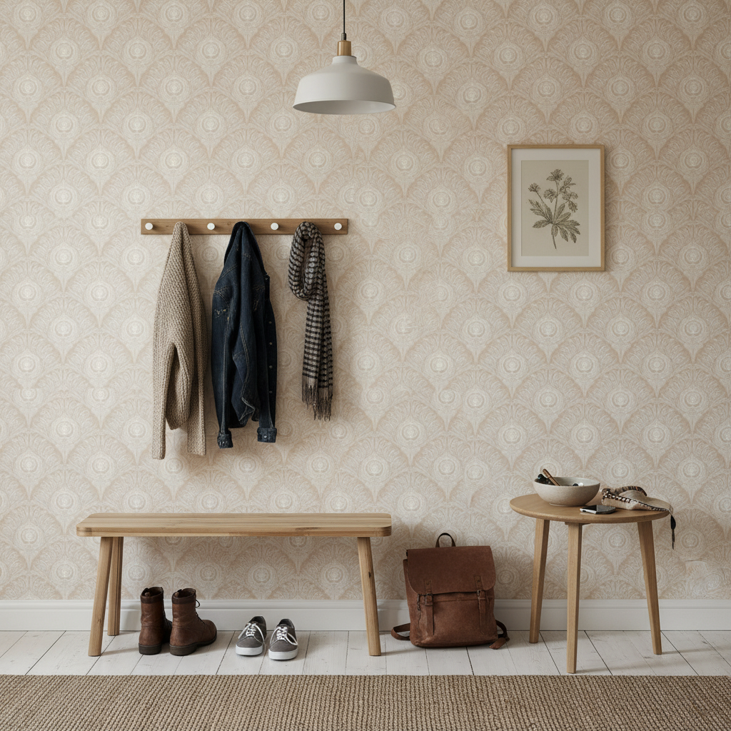 Peacock Plume Damask - Blush Beige – Klassisk tapet med elegant påfågelmotiv