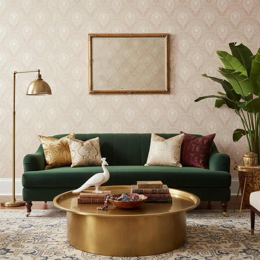 Peacock Plume Damask - Blush Beige – Klassisk tapet med elegant påfågelmotiv