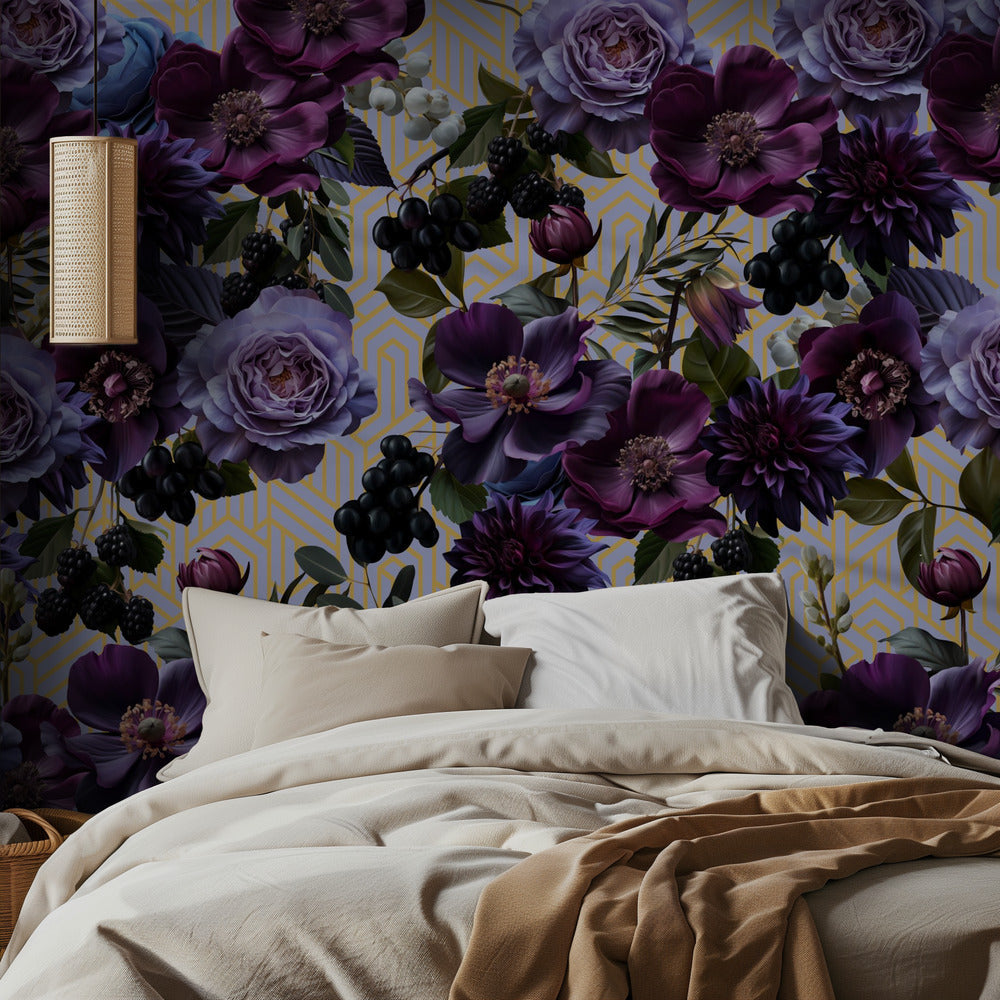 Gothic gold lilac – Mystisk fototapet i gyllene lila toner med gotisk elegans