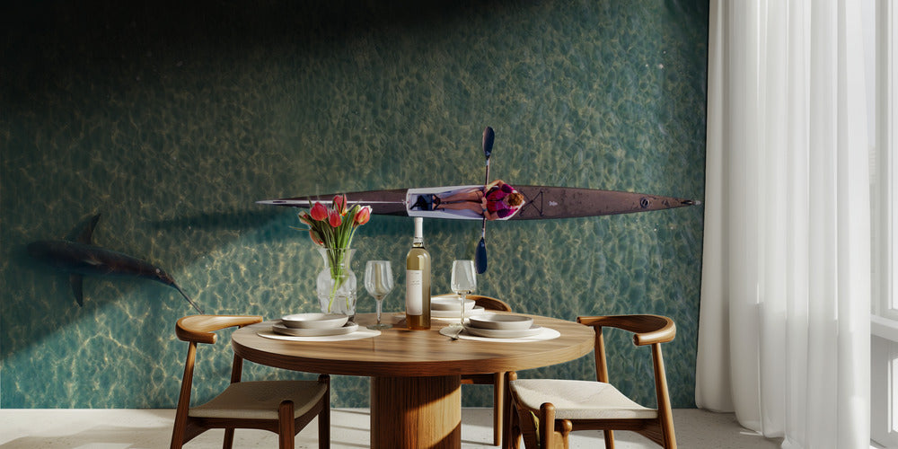 Shark kayaking - Spektakulärt fototapet med kajakpaddling och hajar