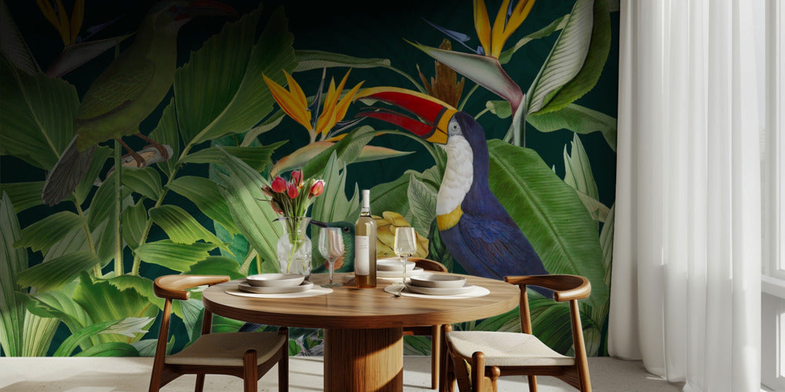 Rainforest Birds – Exotisk fototapet med tropiska fåglar och lummig djungel