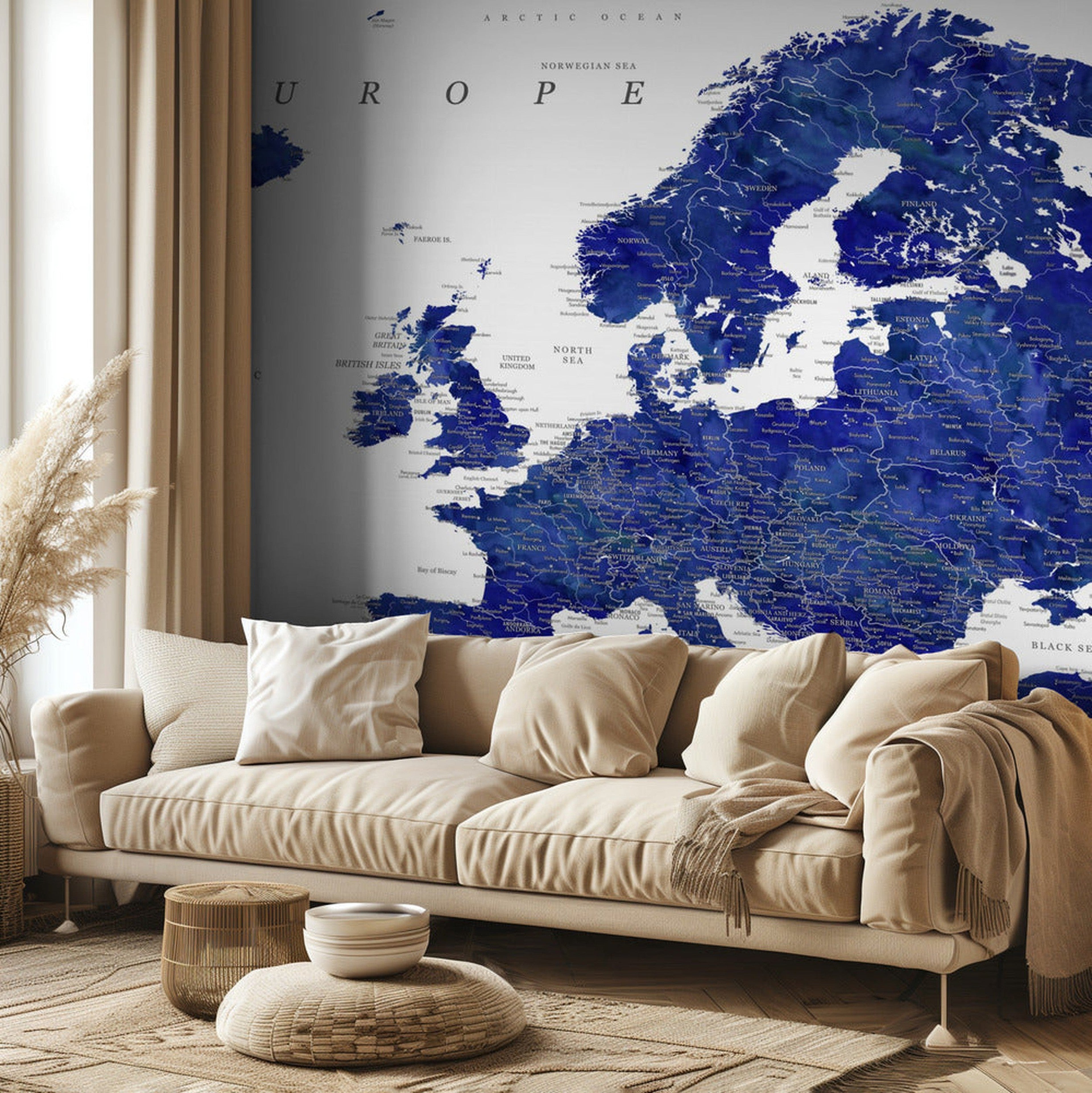 Navy blue detailed map of Europe