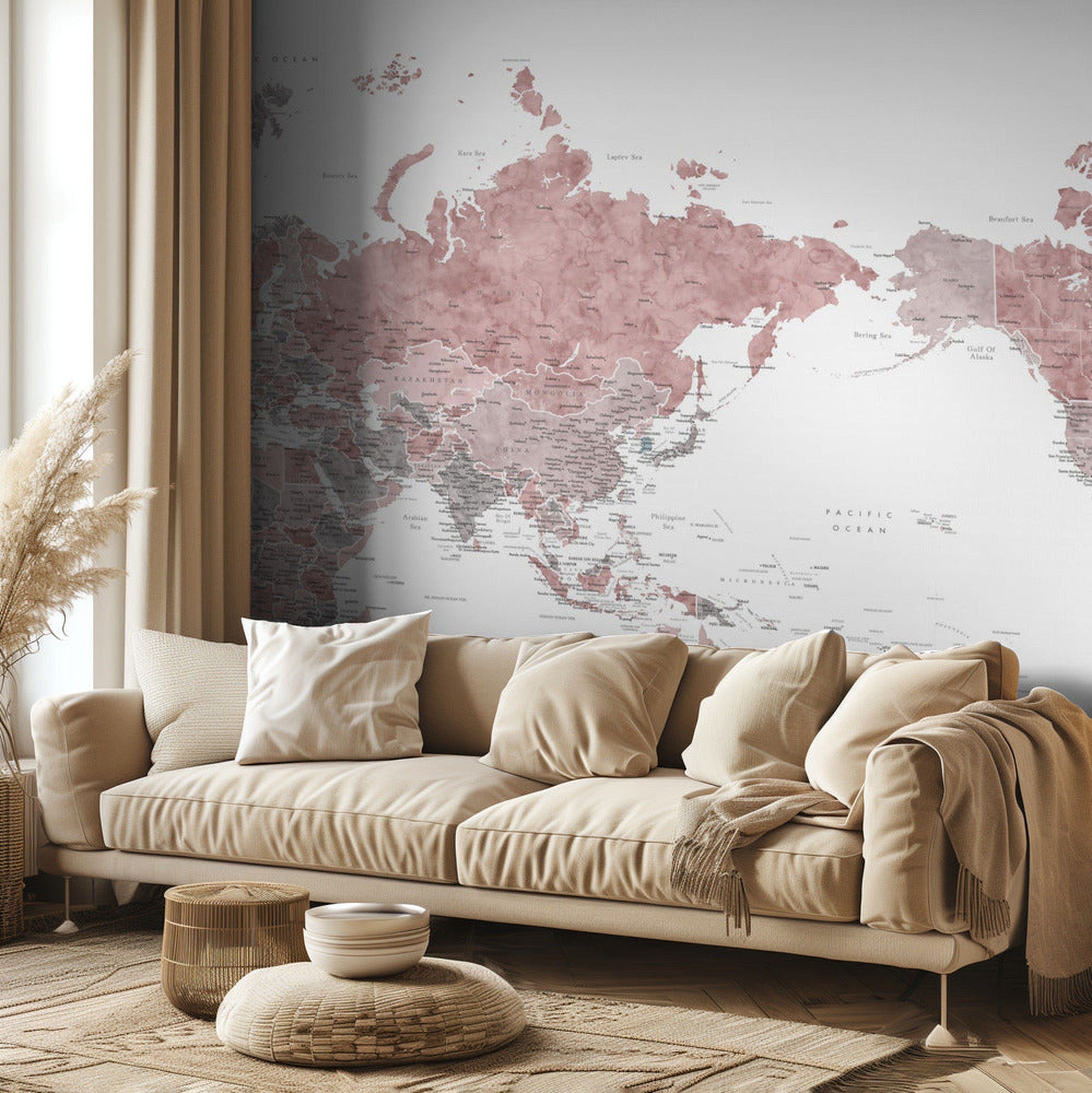 Pacific centered world map in dusty pink