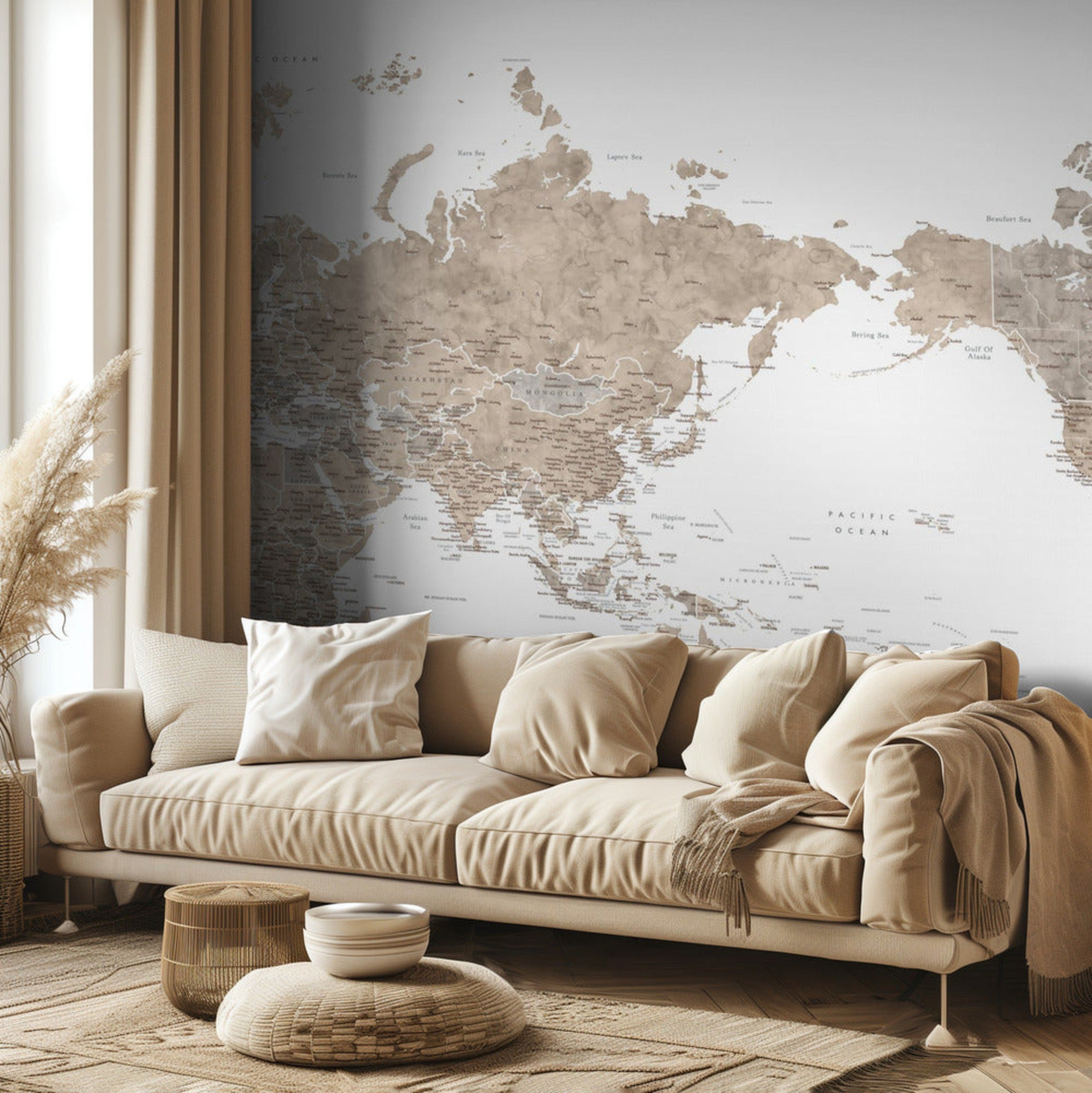 Pacific centered world map in taupe