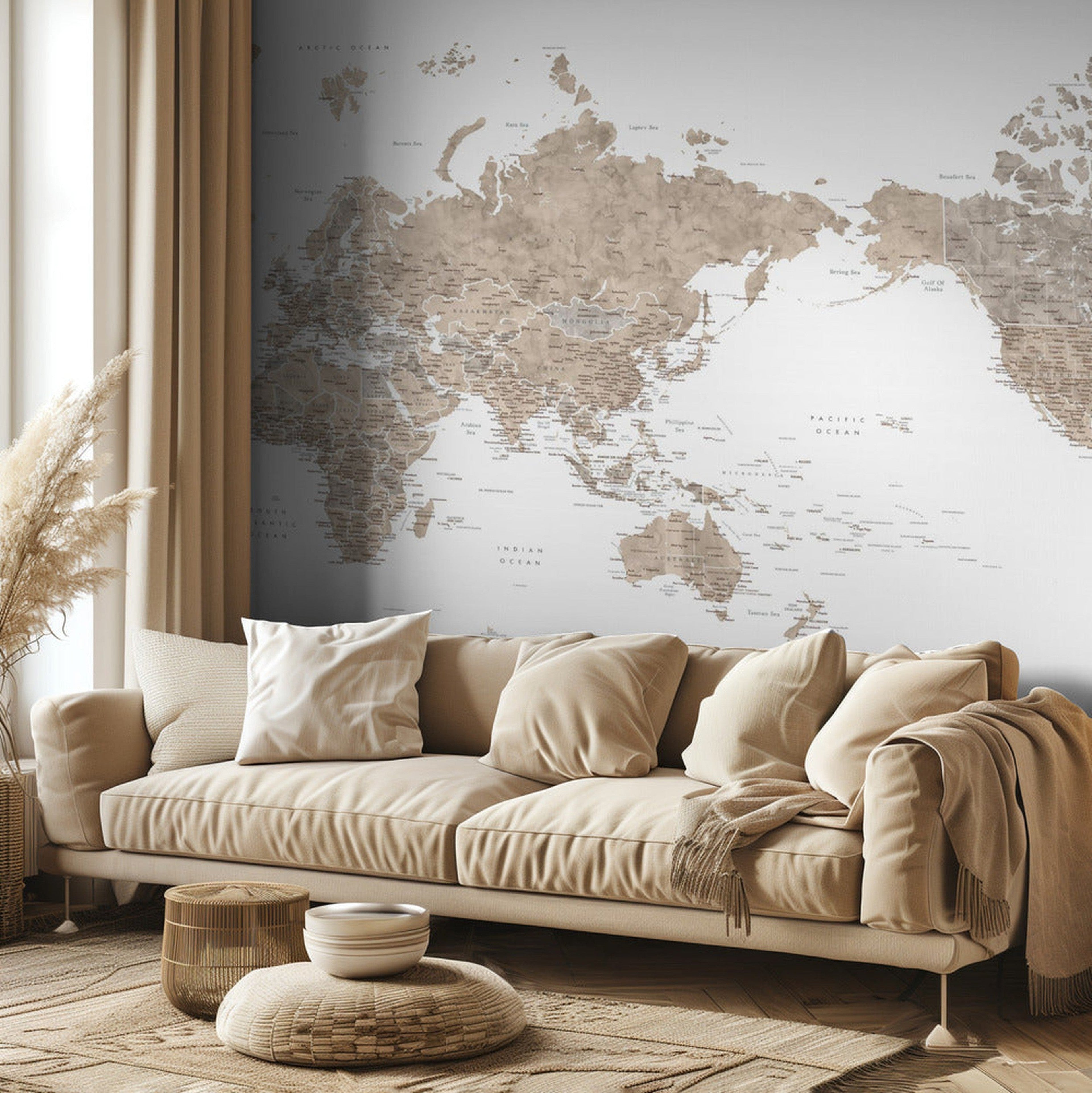 Pacific-centered world map with cities, Abey