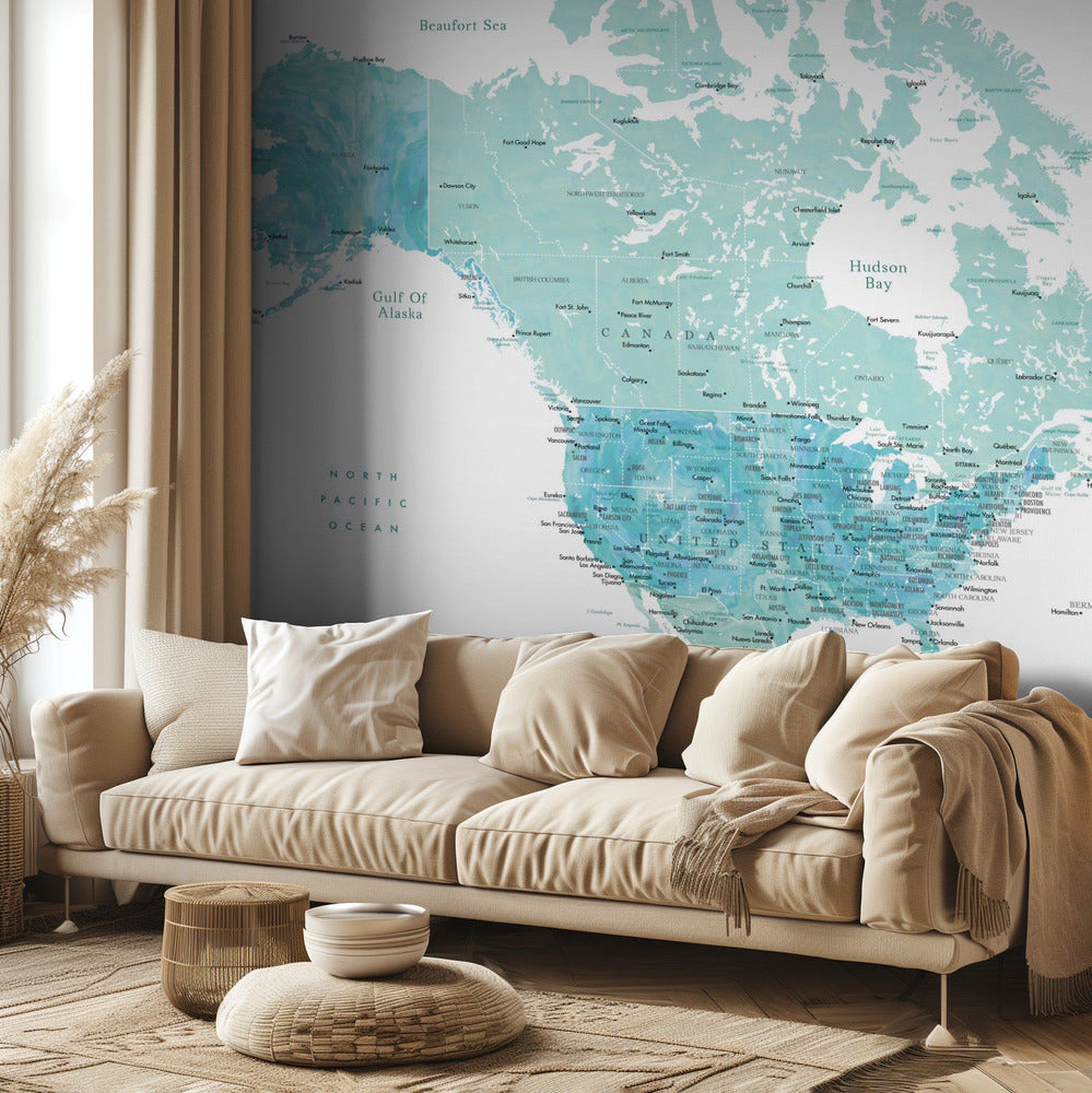 Map of North America in aquamarine watercolor
