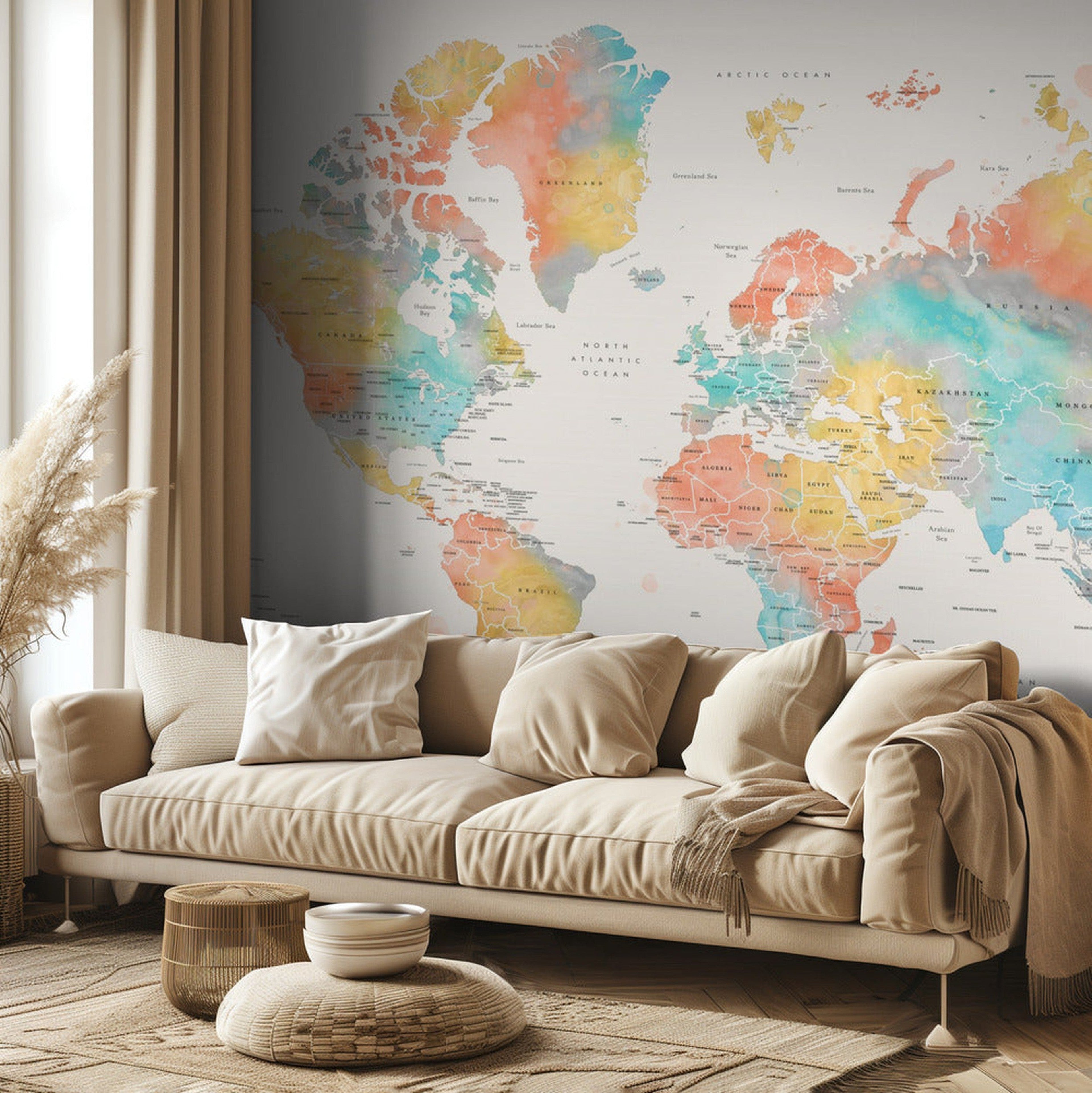 Watercolor world map with countries, Fifi