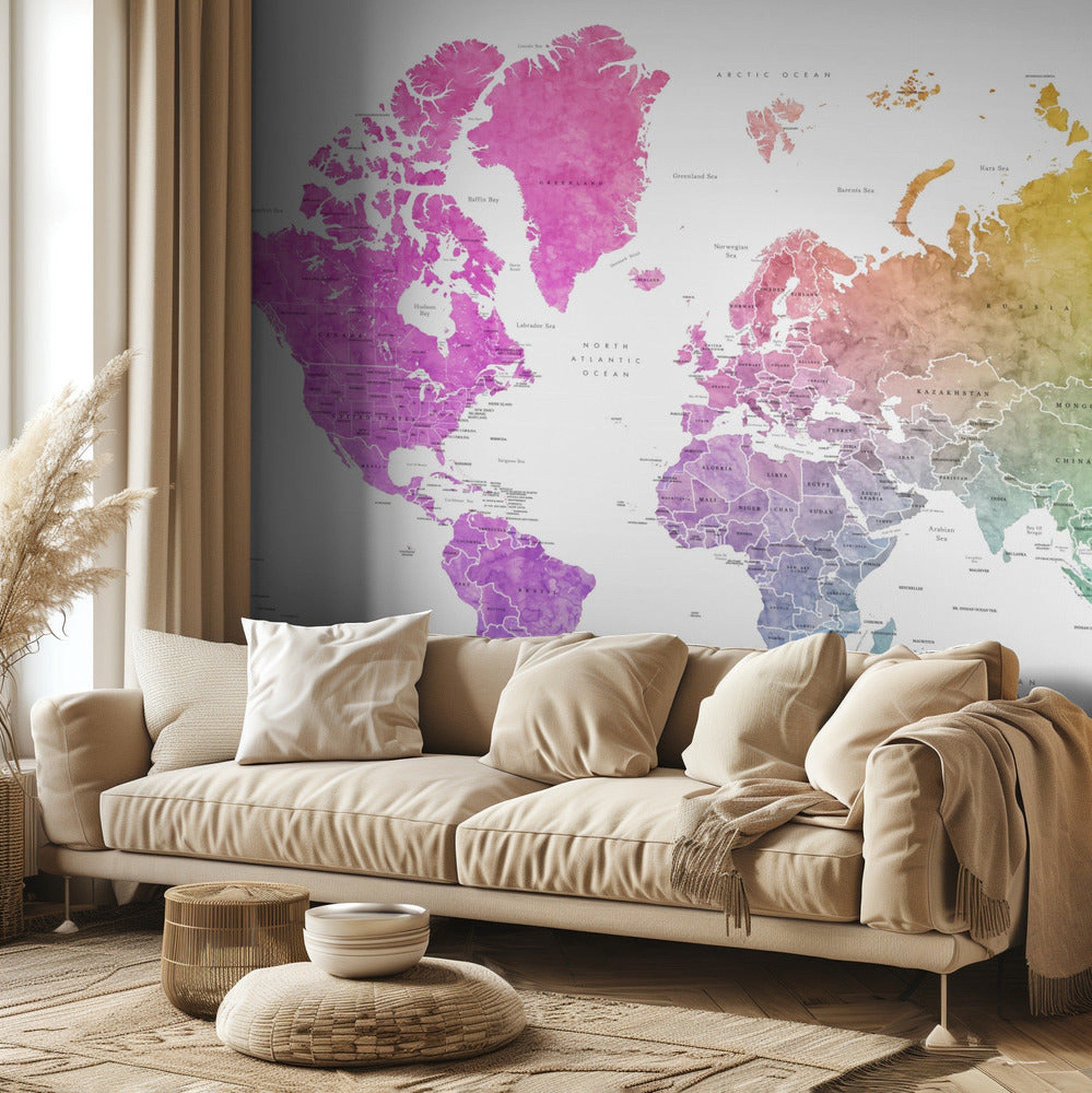 Watercolor world map with countries, Leo