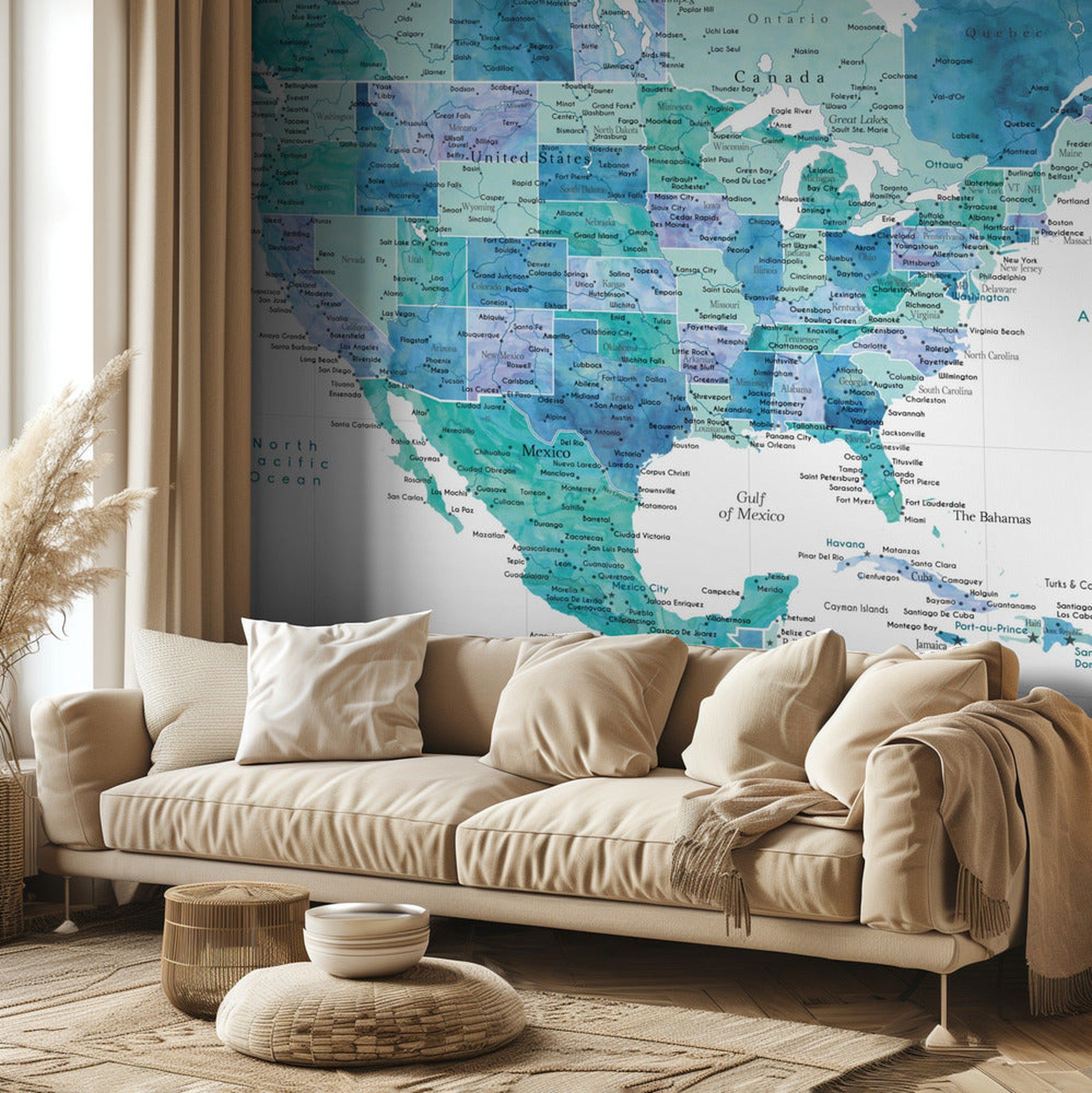 Aqua map of the United States and the Caribbean sea