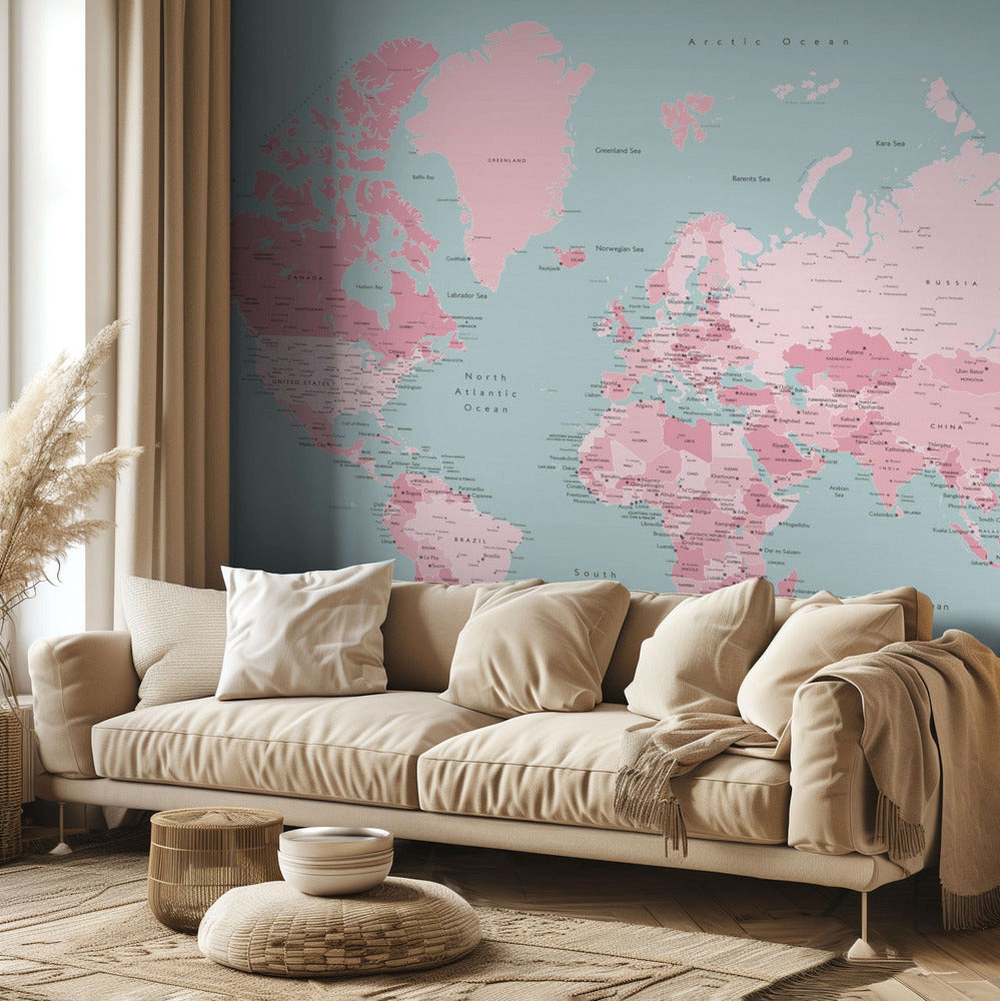 Pink and aqua world map with cities, Isobel