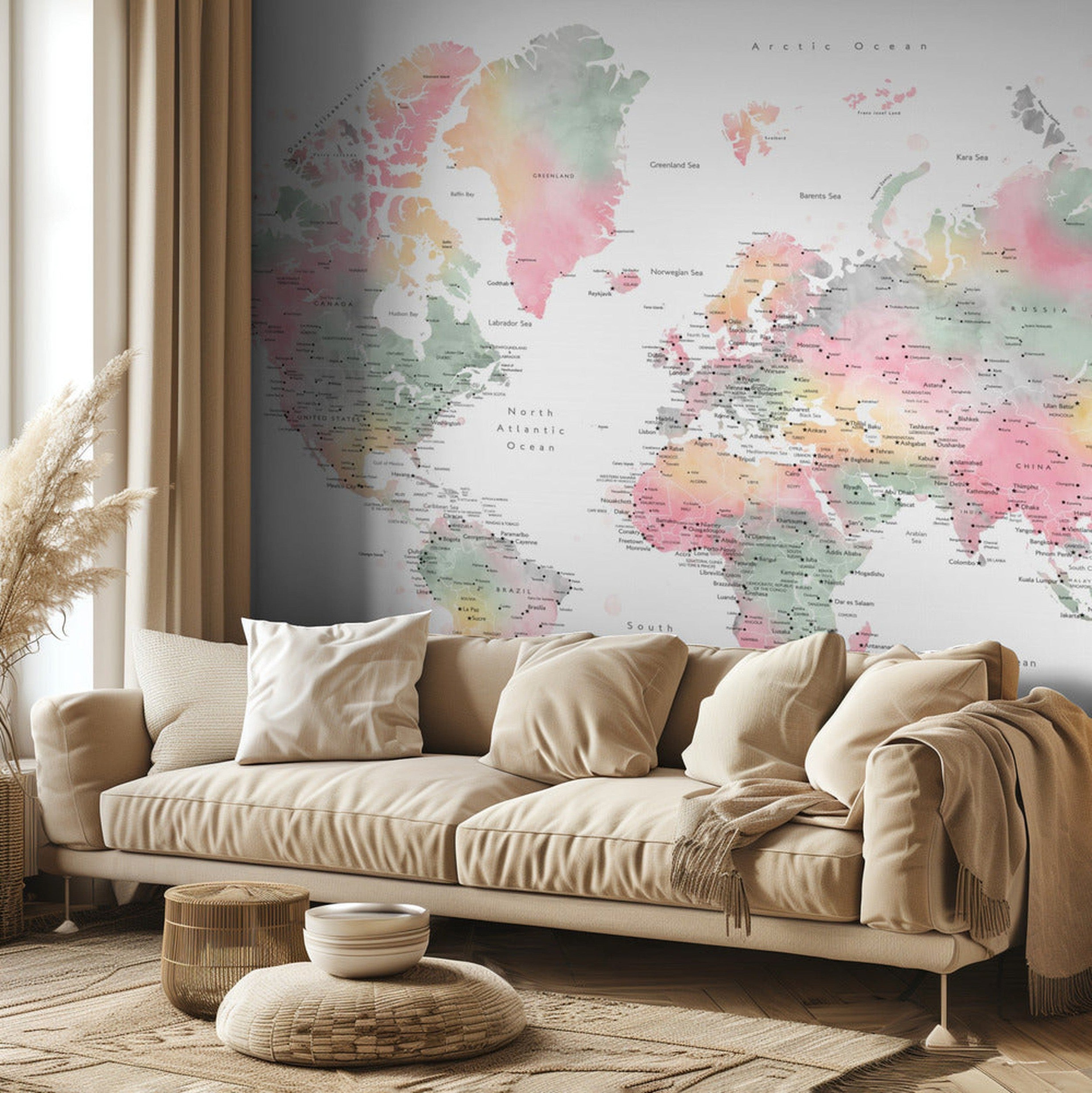 Pastel watercolor world map with cities, Anjah