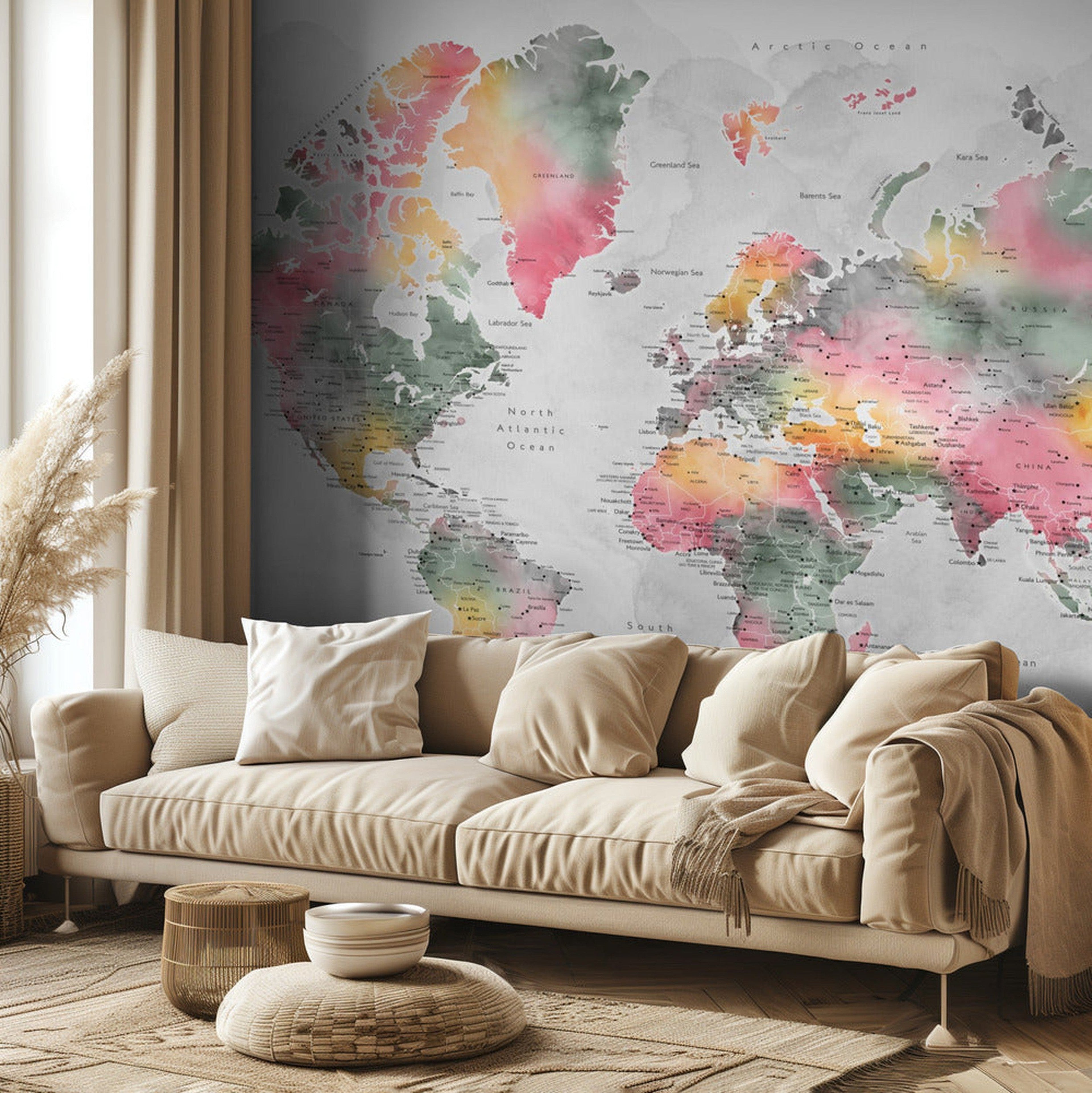 Watercolor world map with cities, Zadie