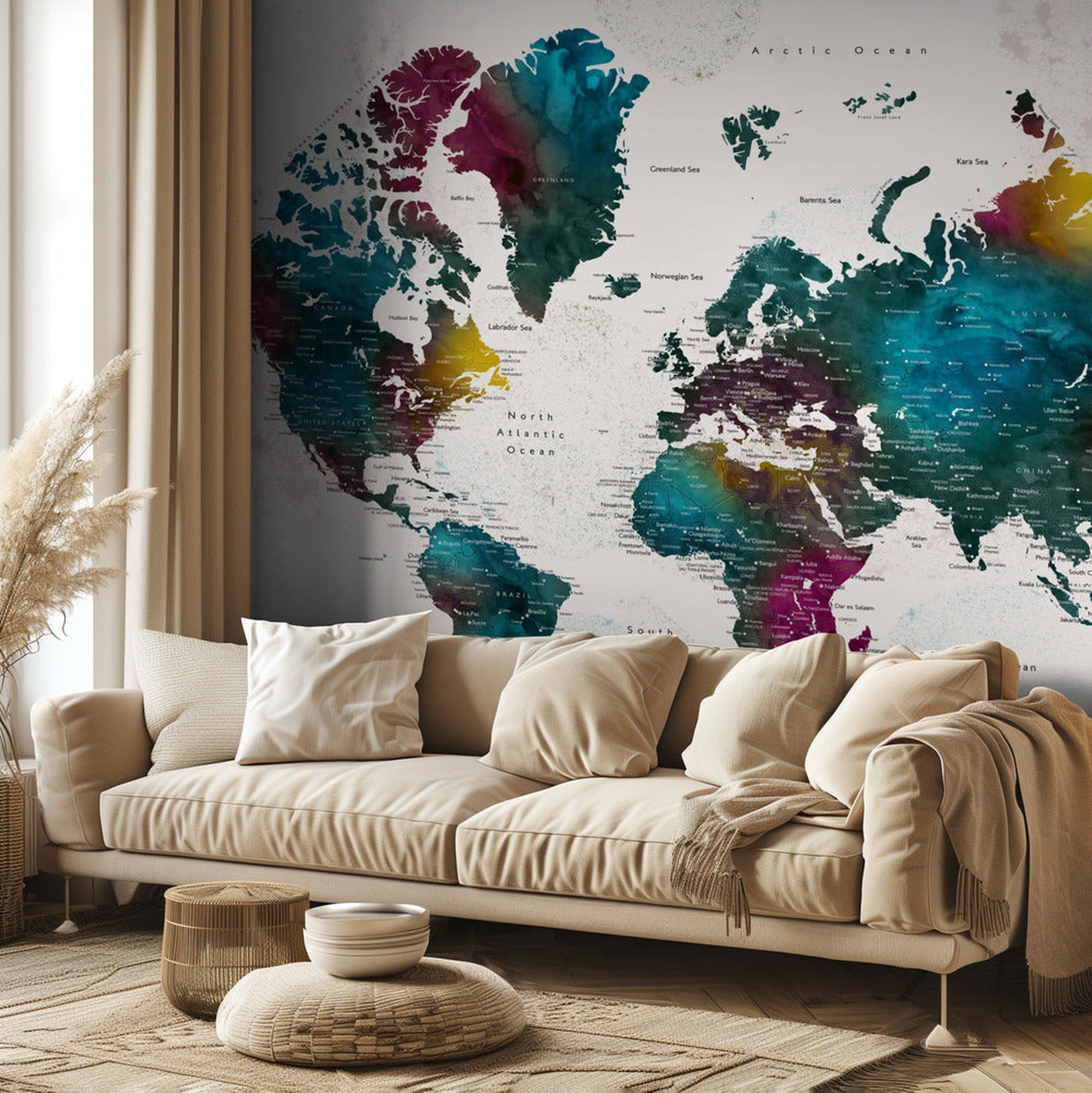Watercolor world map with cities, Charleena