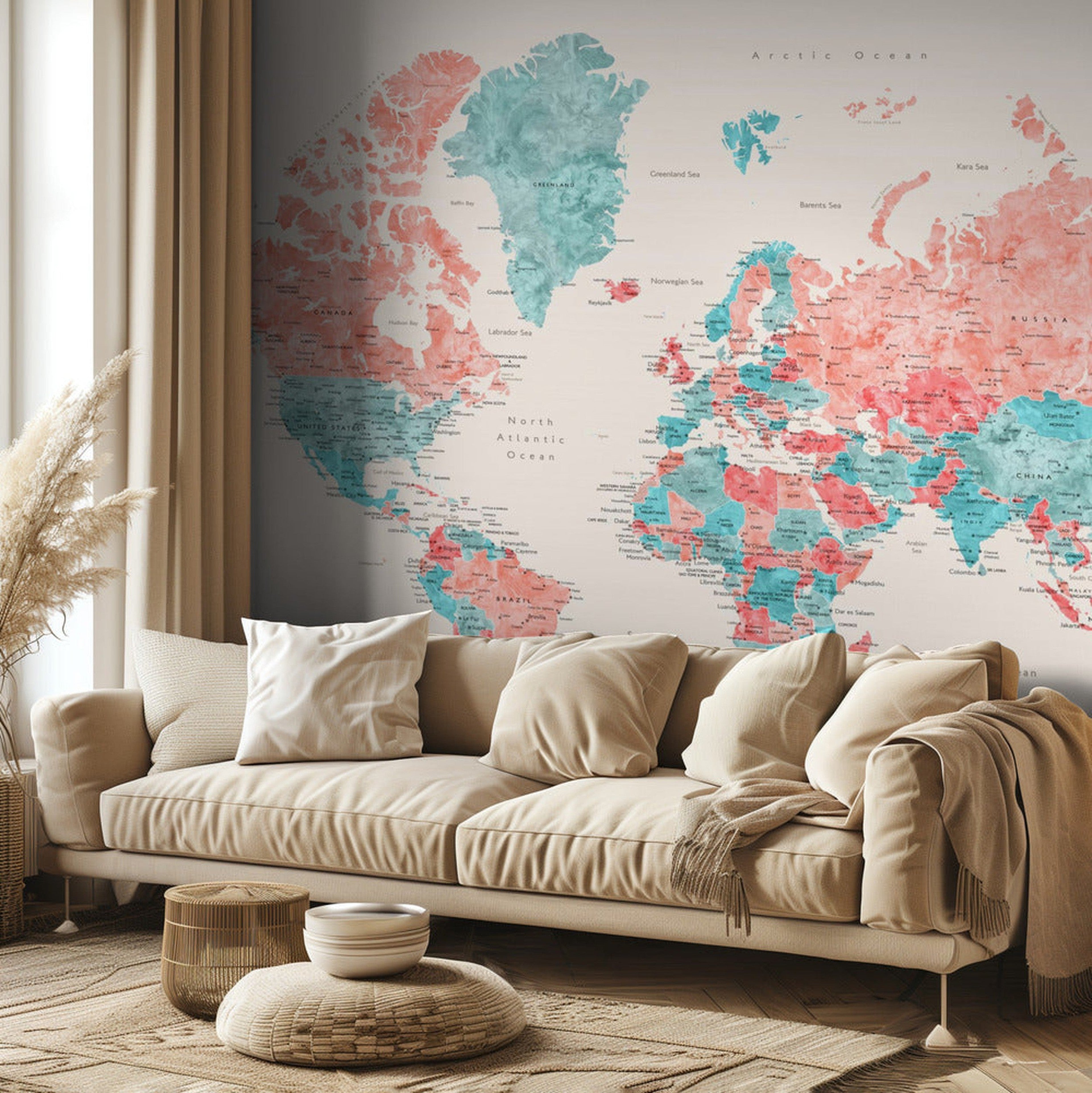 Watercolor world map with cities, Charlotte