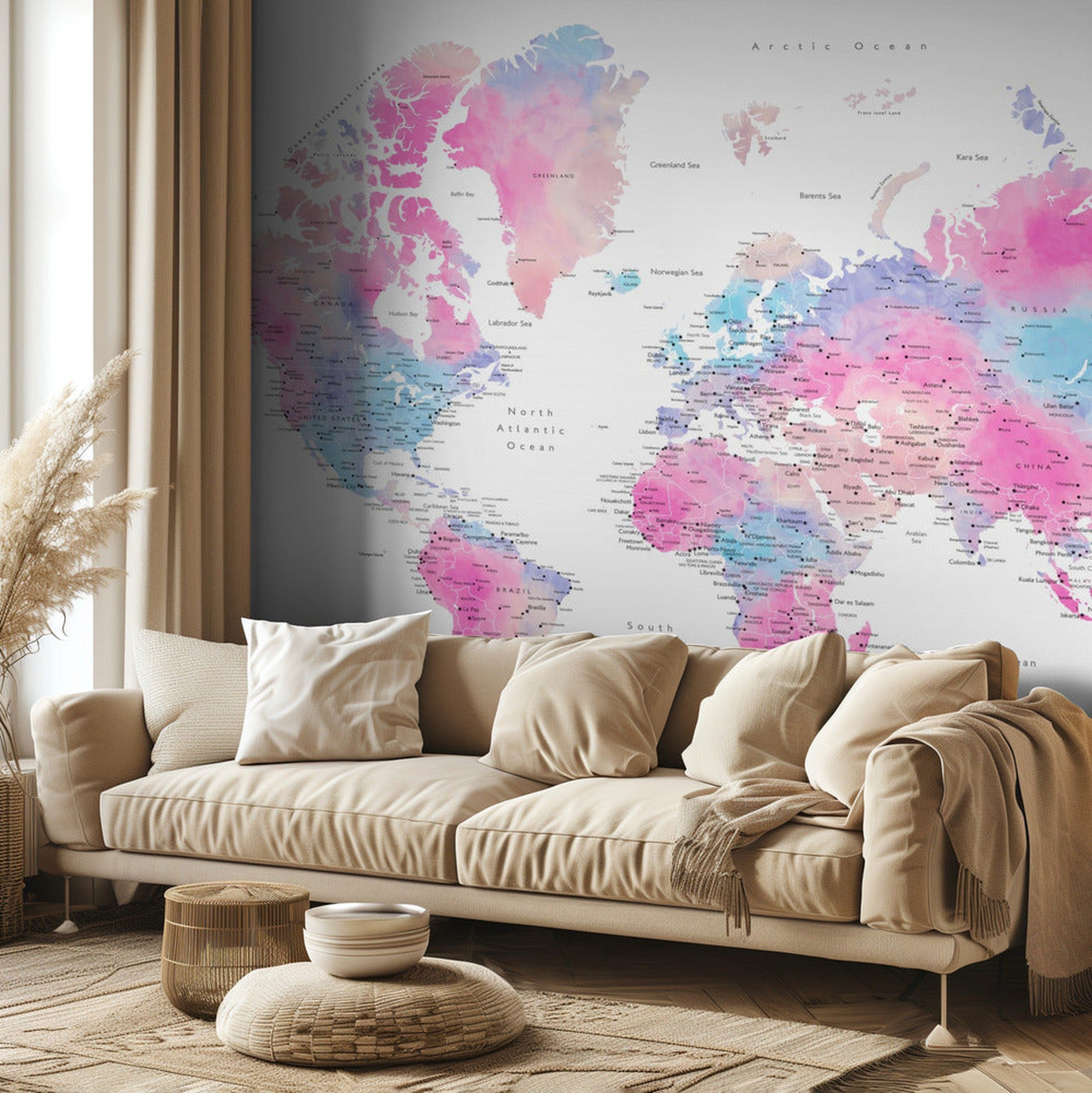 Watercolor world map with cities, Keahi