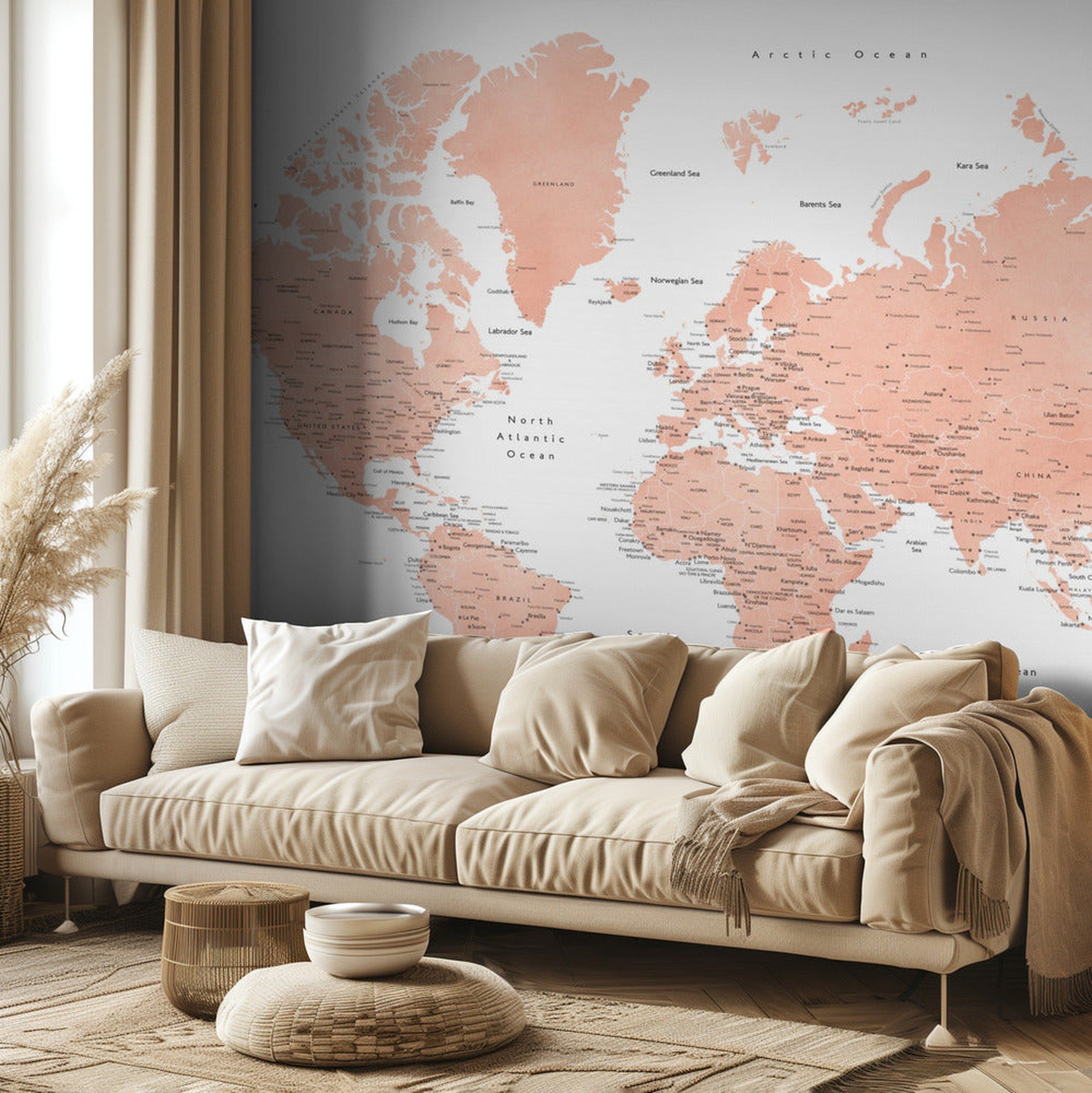 Rose gold world map with cities, Hadi