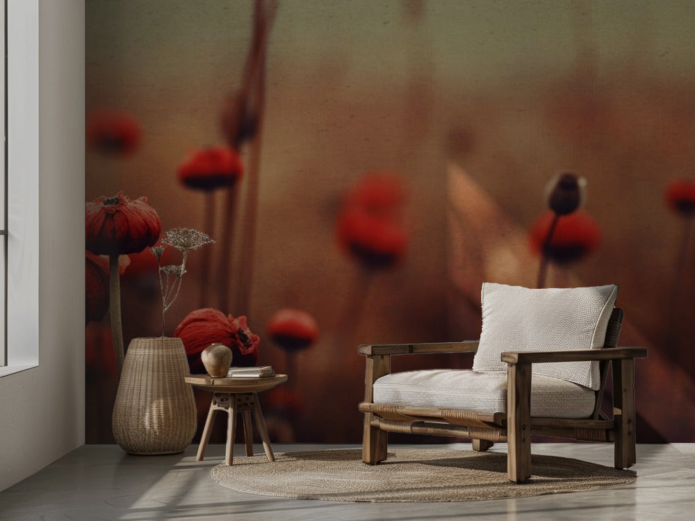 Red Flowers no 1 - Vackert fototapet med röda vallmoblommor och landskap