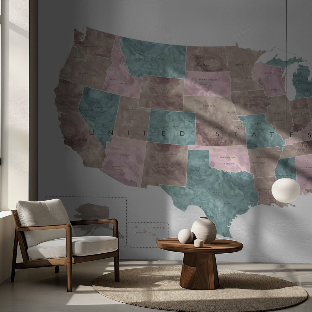 Pink and teal watercolor map of the US